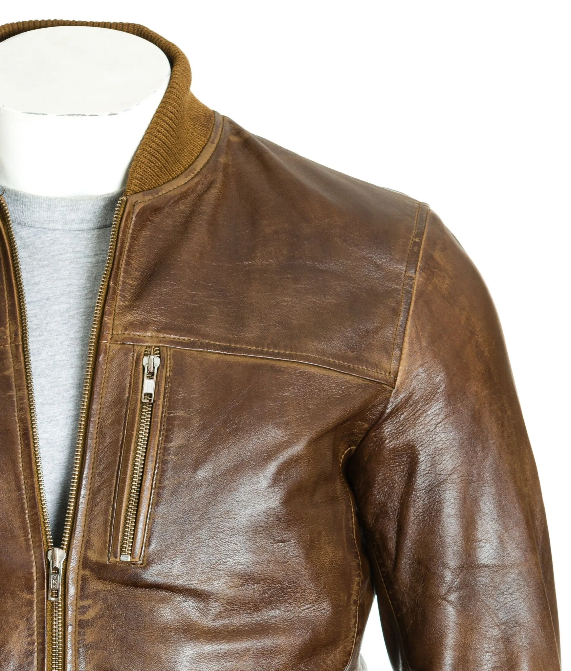 Men's Brown Rib-Knit Collar Leather Bomber: Fabbro