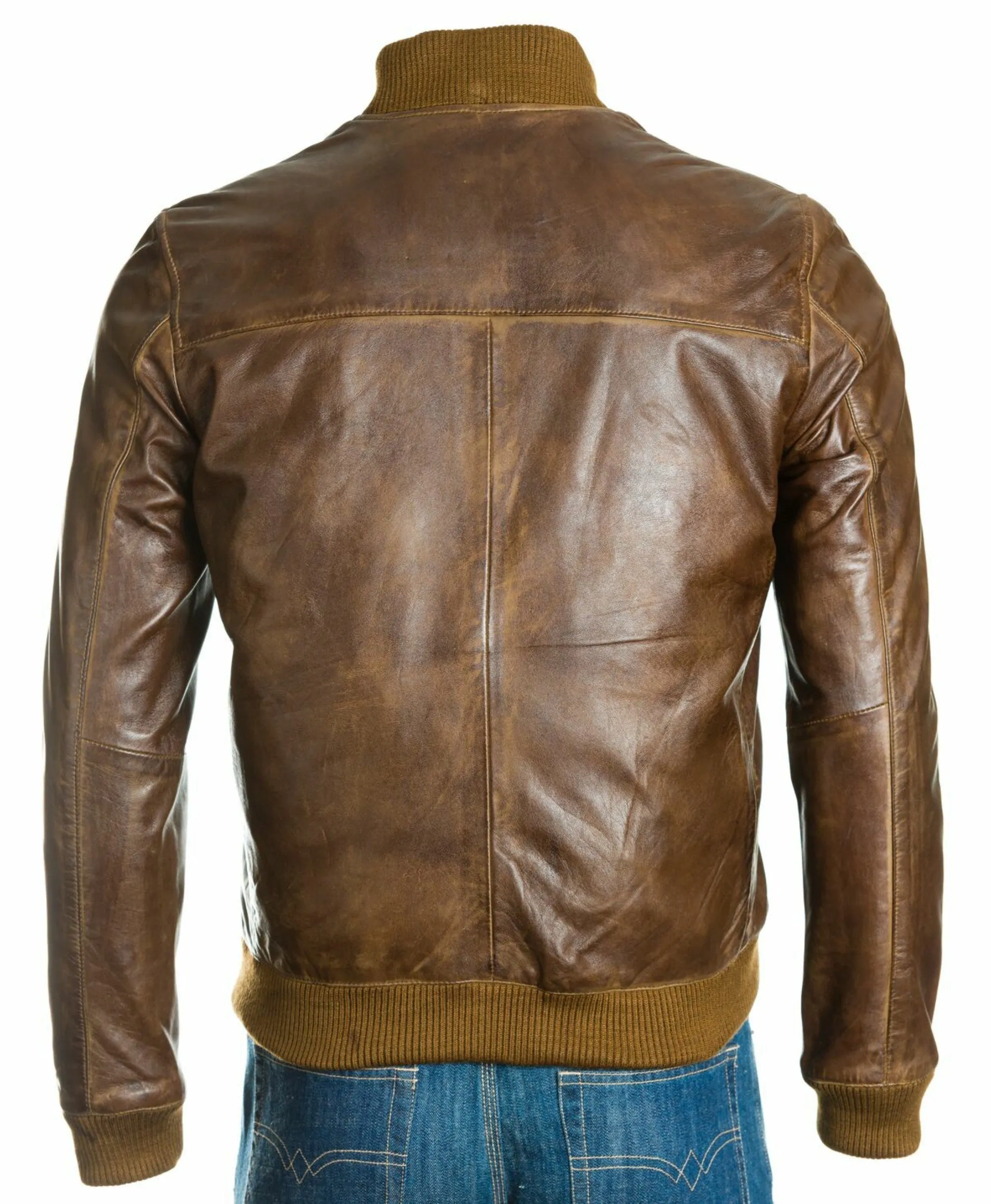 Men's Brown Rib-Knit Collar Leather Bomber: Fabbro