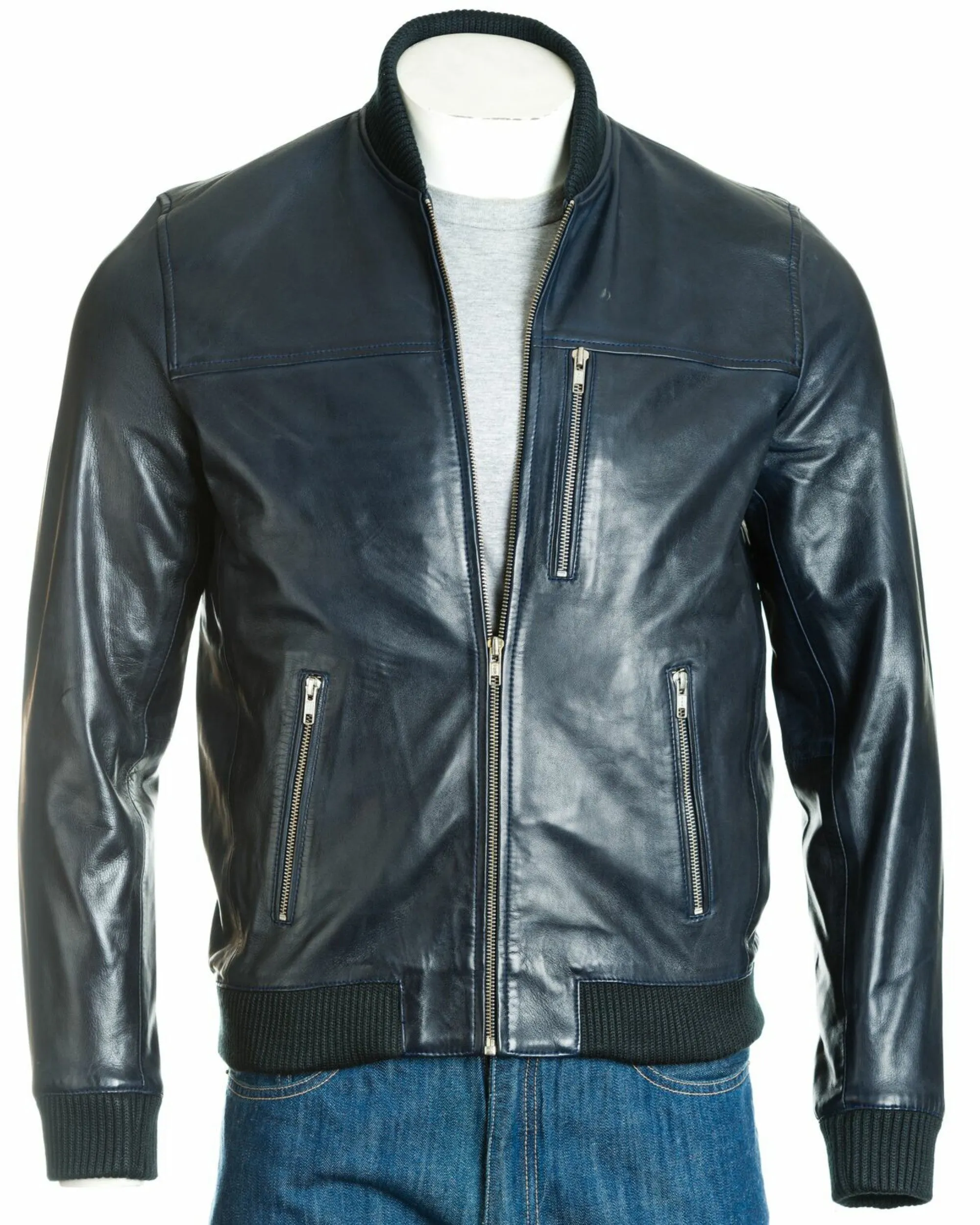 Men's Brown Rib-Knit Collar Leather Bomber: Fabbro