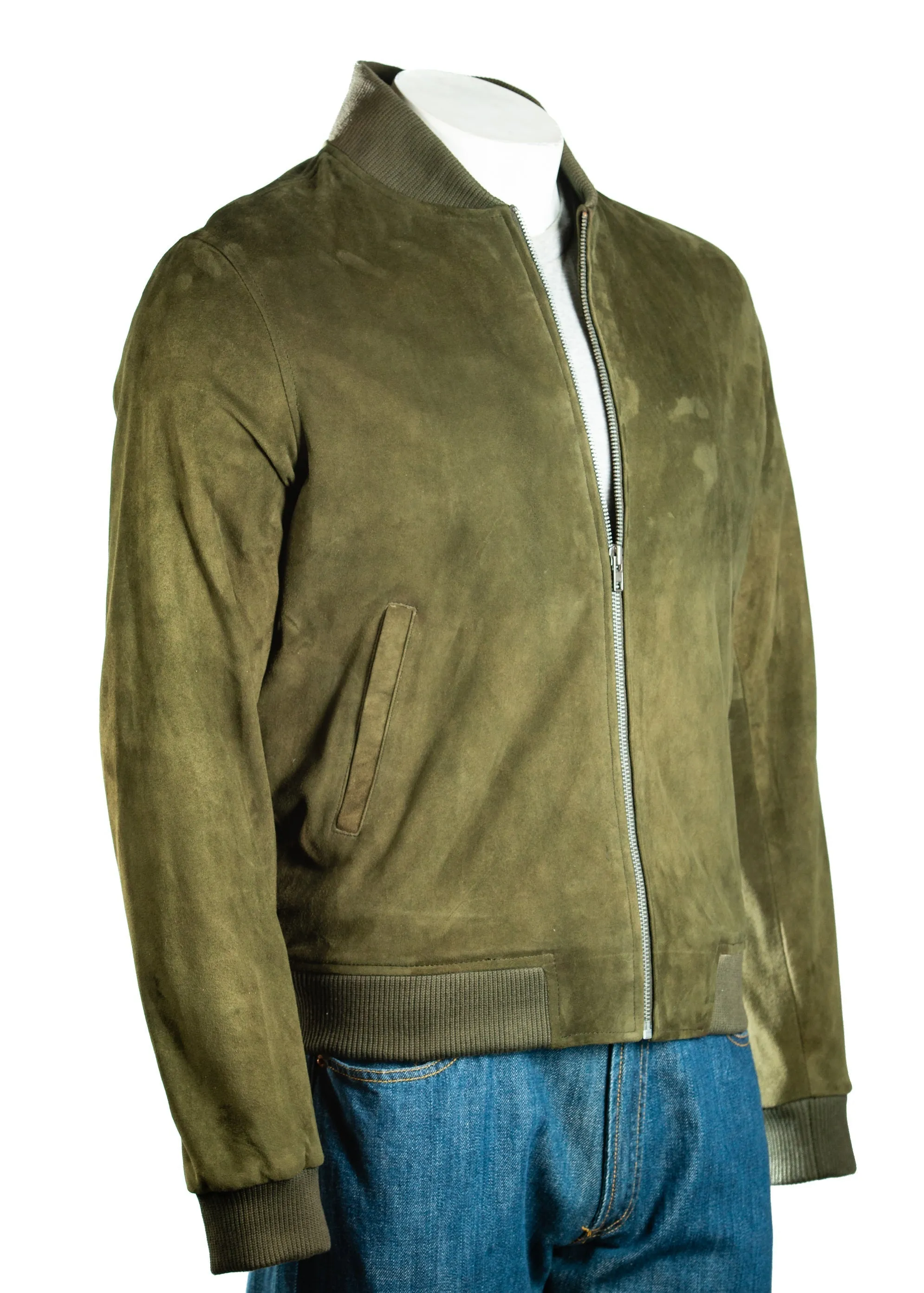 Men's Brown Rib-Knit Collar Suede Bomber: Benedict