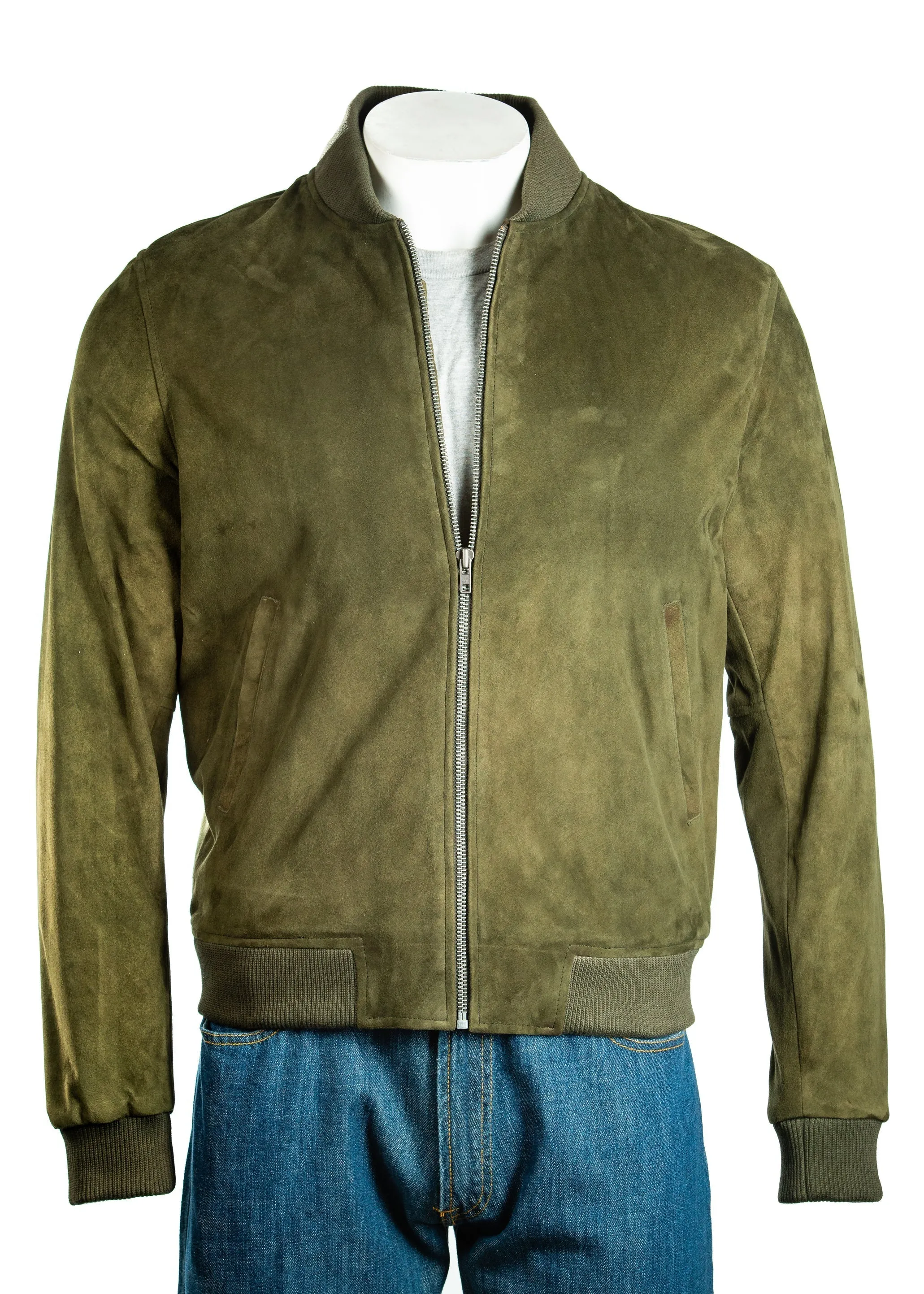 Men's Brown Rib-Knit Collar Suede Bomber: Benedict