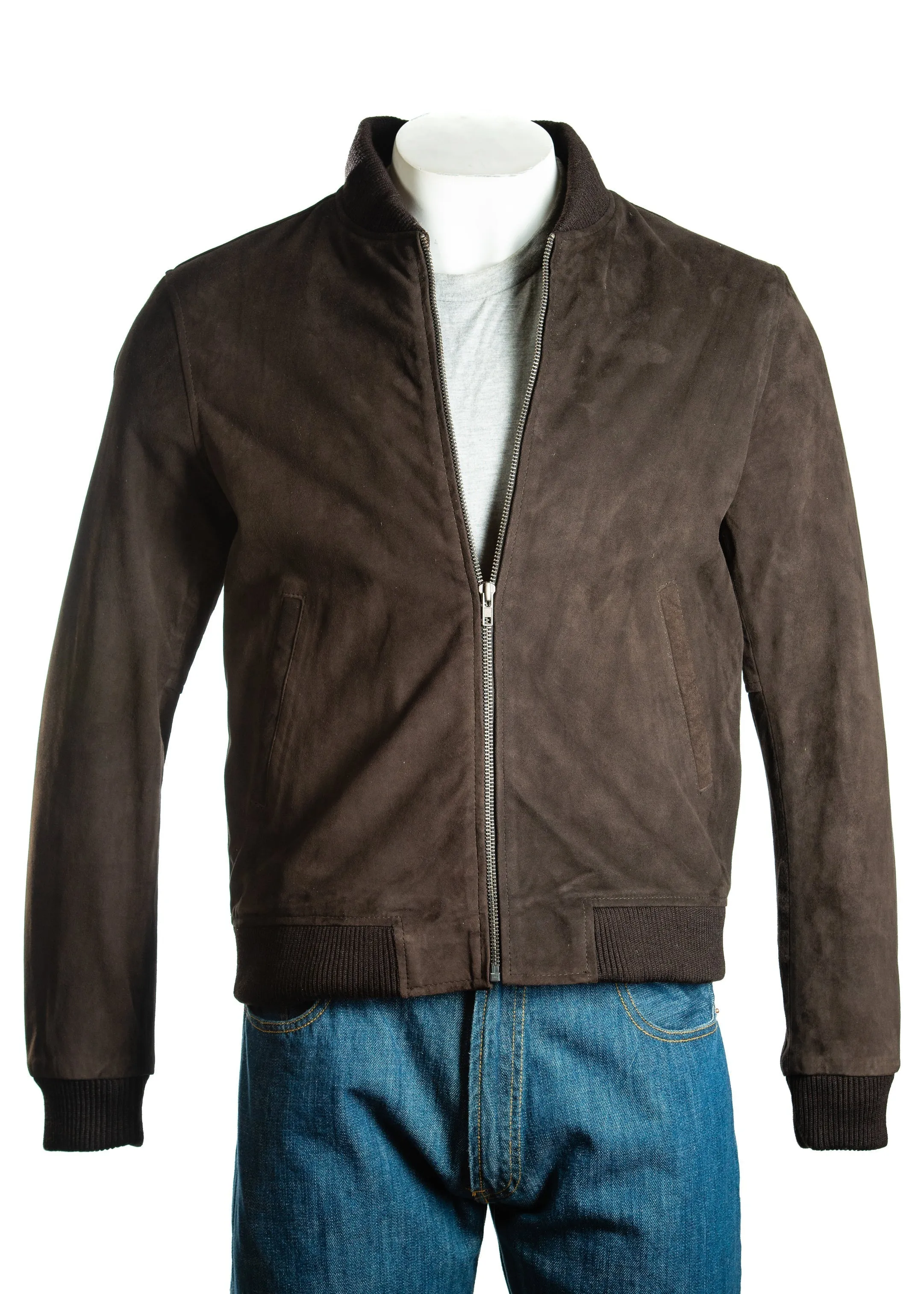 Men's Brown Rib-Knit Collar Suede Bomber: Benedict