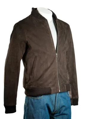 Men's Brown Rib-Knit Collar Suede Bomber: Benedict