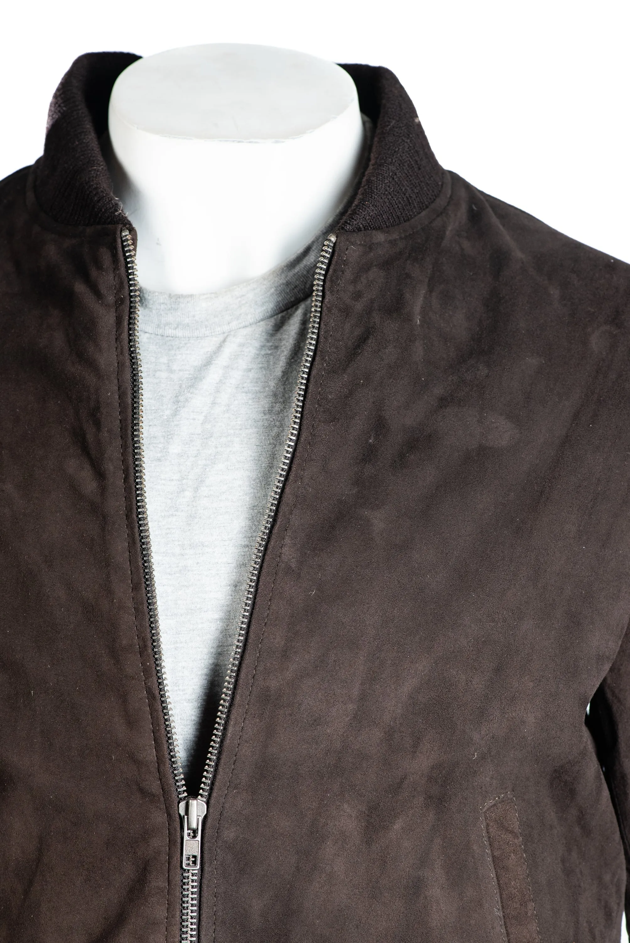 Men's Brown Rib-Knit Collar Suede Bomber: Benedict