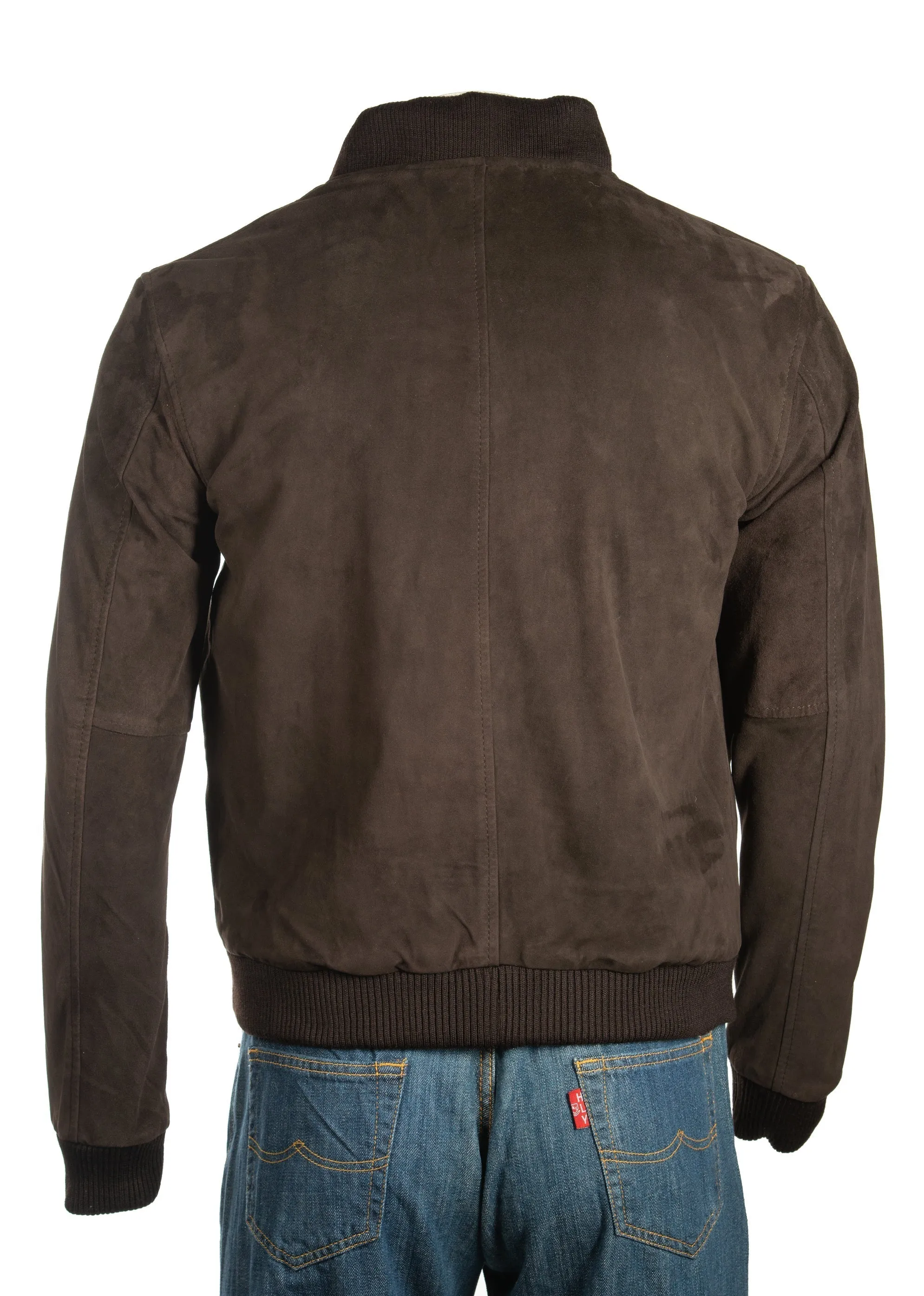 Men's Brown Rib-Knit Collar Suede Bomber: Benedict