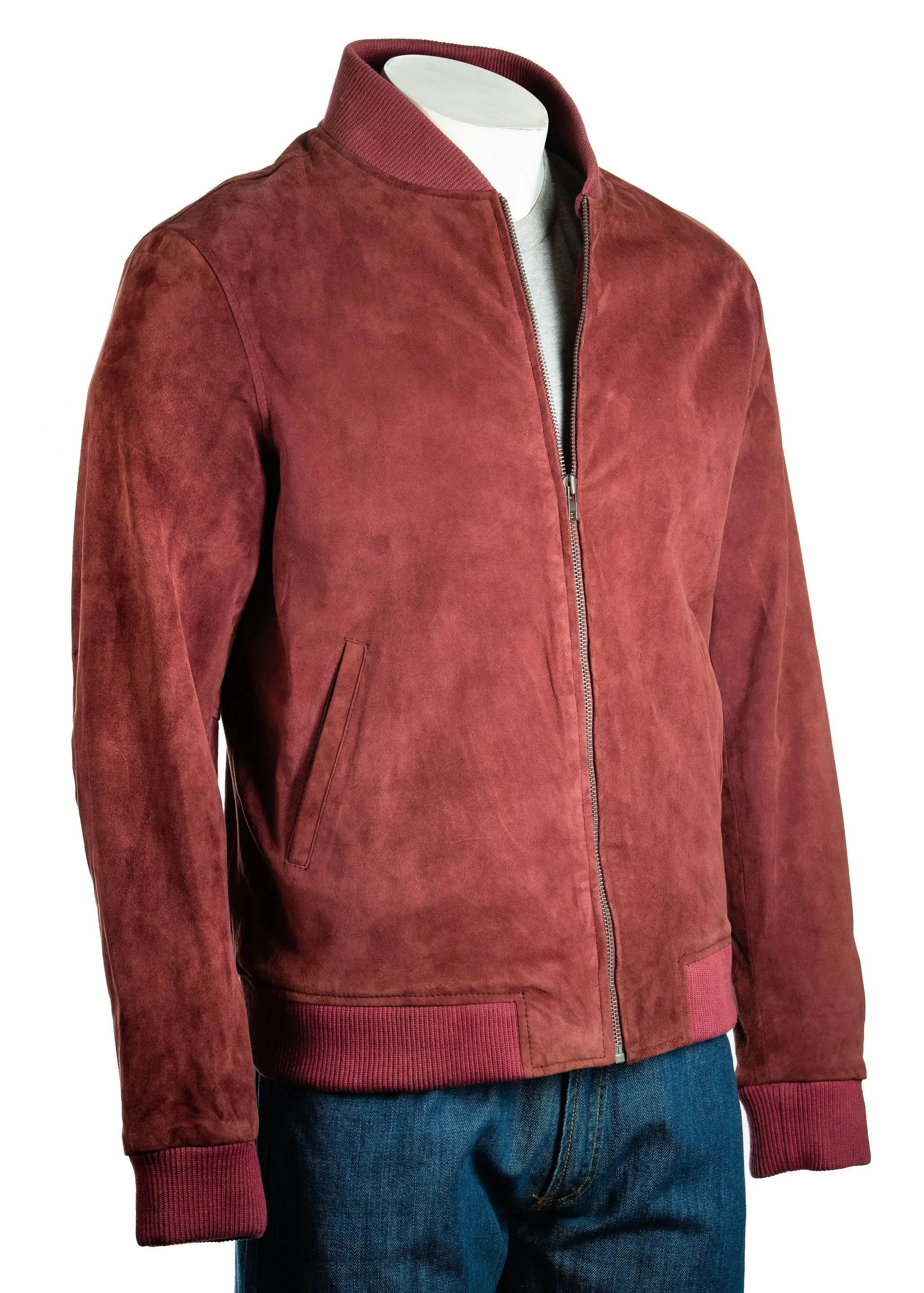 Men's Brown Rib-Knit Collar Suede Bomber: Benedict