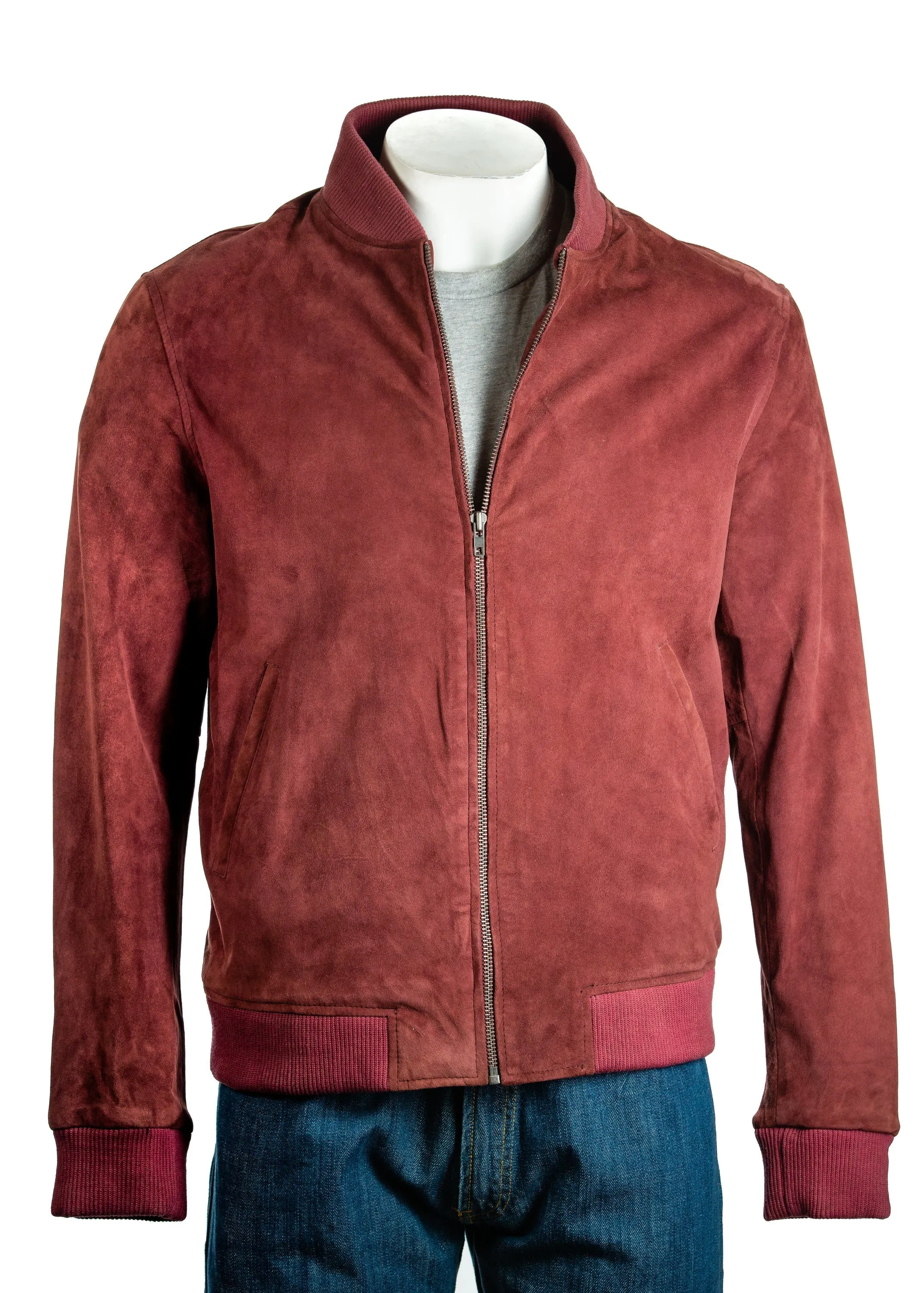 Men's Brown Rib-Knit Collar Suede Bomber: Benedict