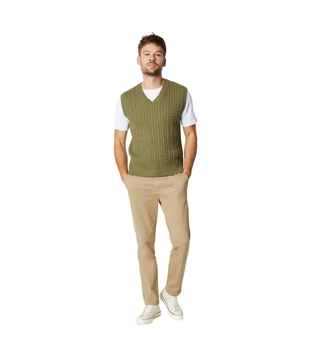 Mens cable knit vest jumper khaki green Burton