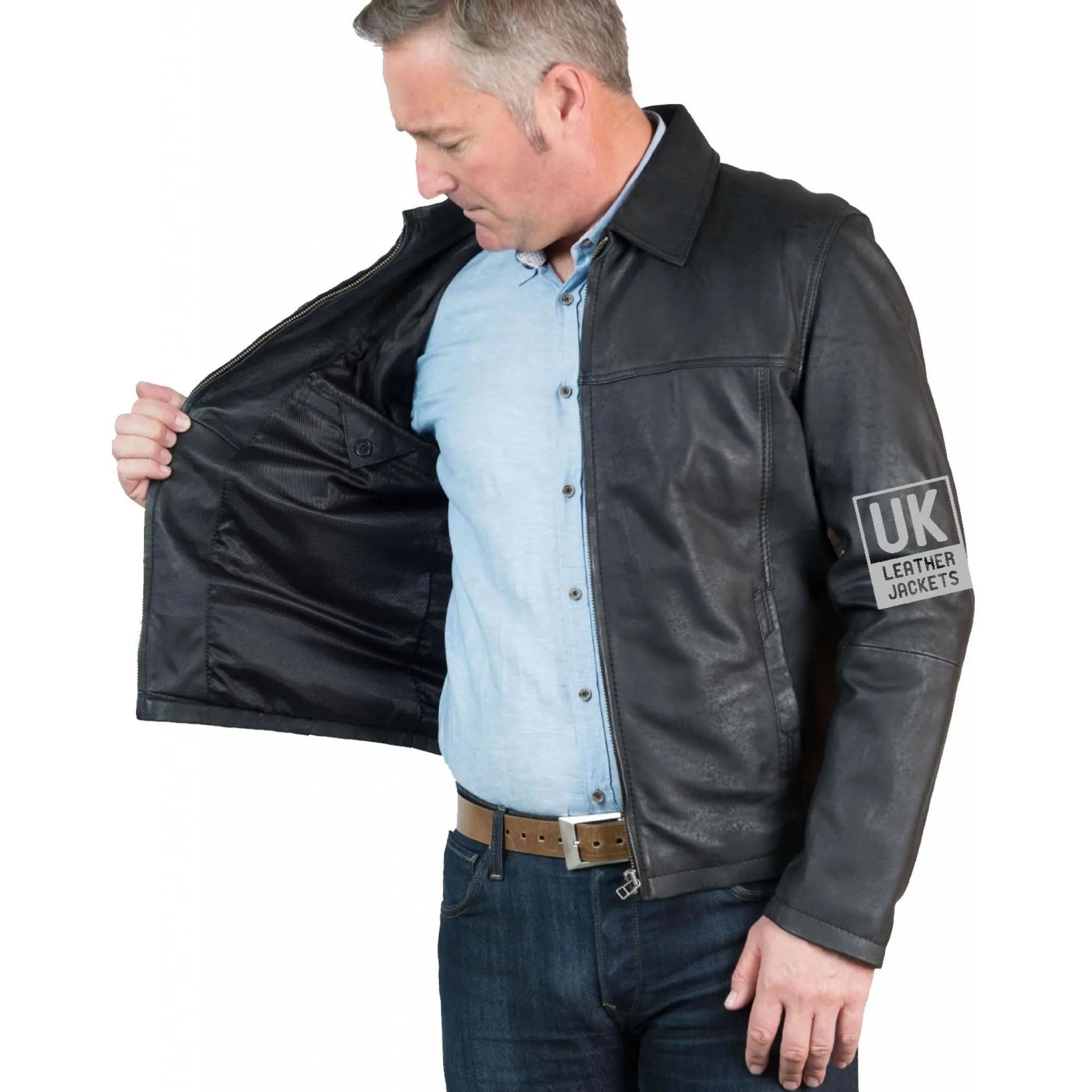 Mens Classic Zip Leather Jacket - Vintage Black | Free UK Delivery