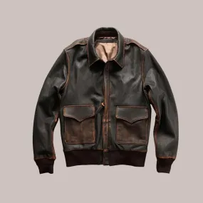 Men's Genuine Leather Aviator A2 Military Pilot Aviation Bomber Jacket in Distressed Brown