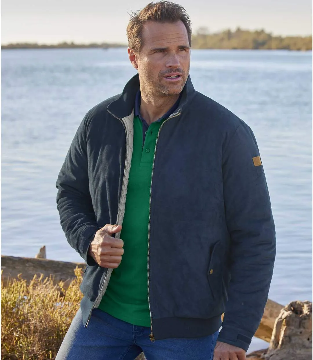 Men's Navy Faux-Suede Jacket - Water-Repellent - Full Zip 