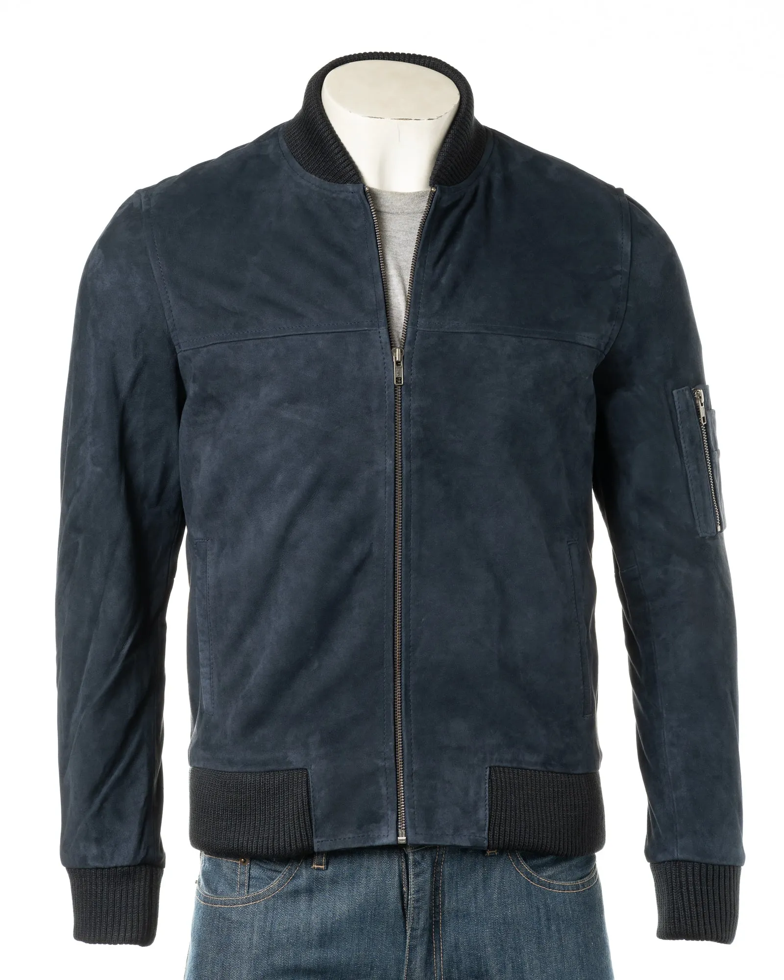 Men's Navy Rib-Knit Collar Suede Bomber: Tito