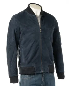 Men's Navy Rib-Knit Collar Suede Bomber: Tito