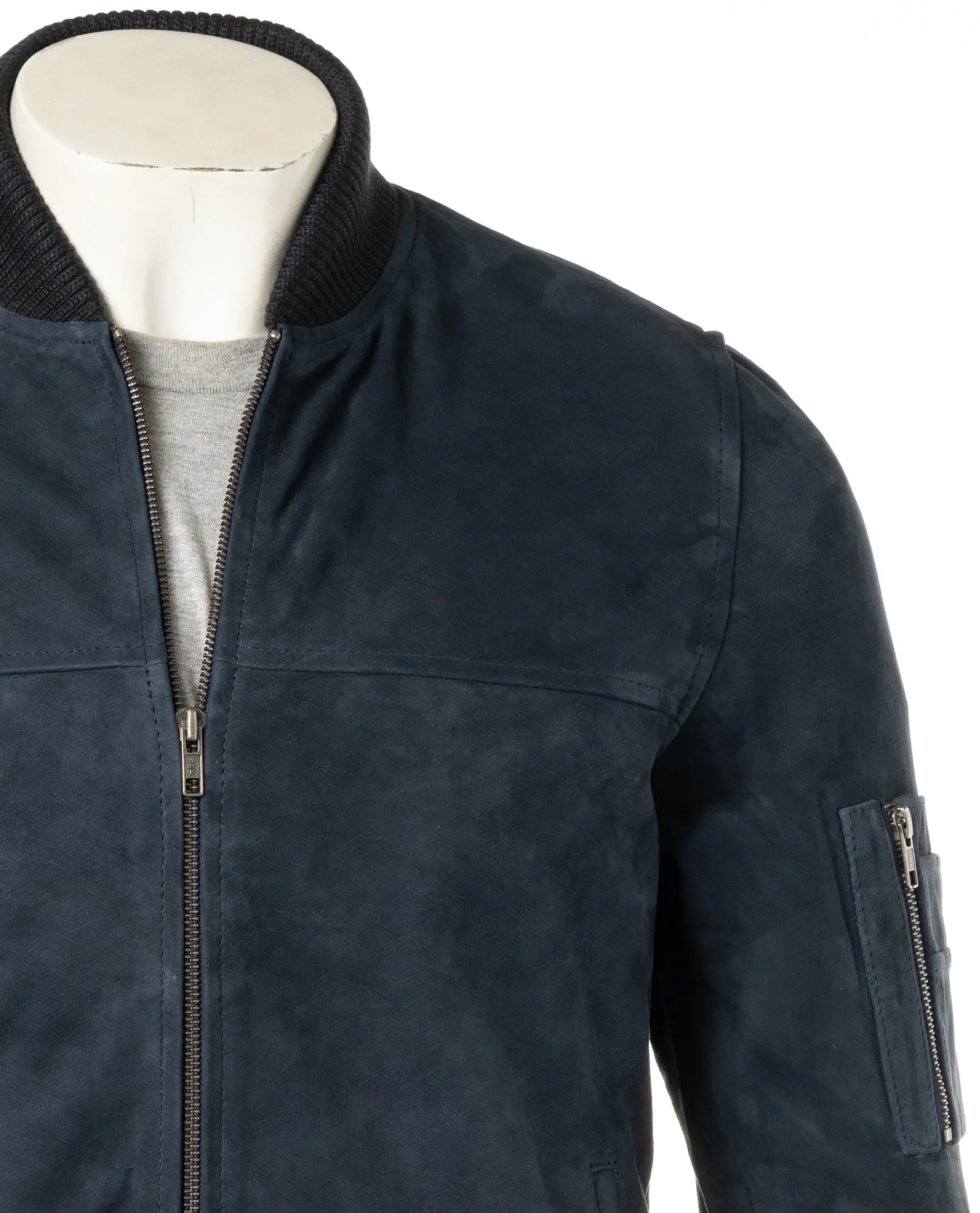 Men's Navy Rib-Knit Collar Suede Bomber: Tito