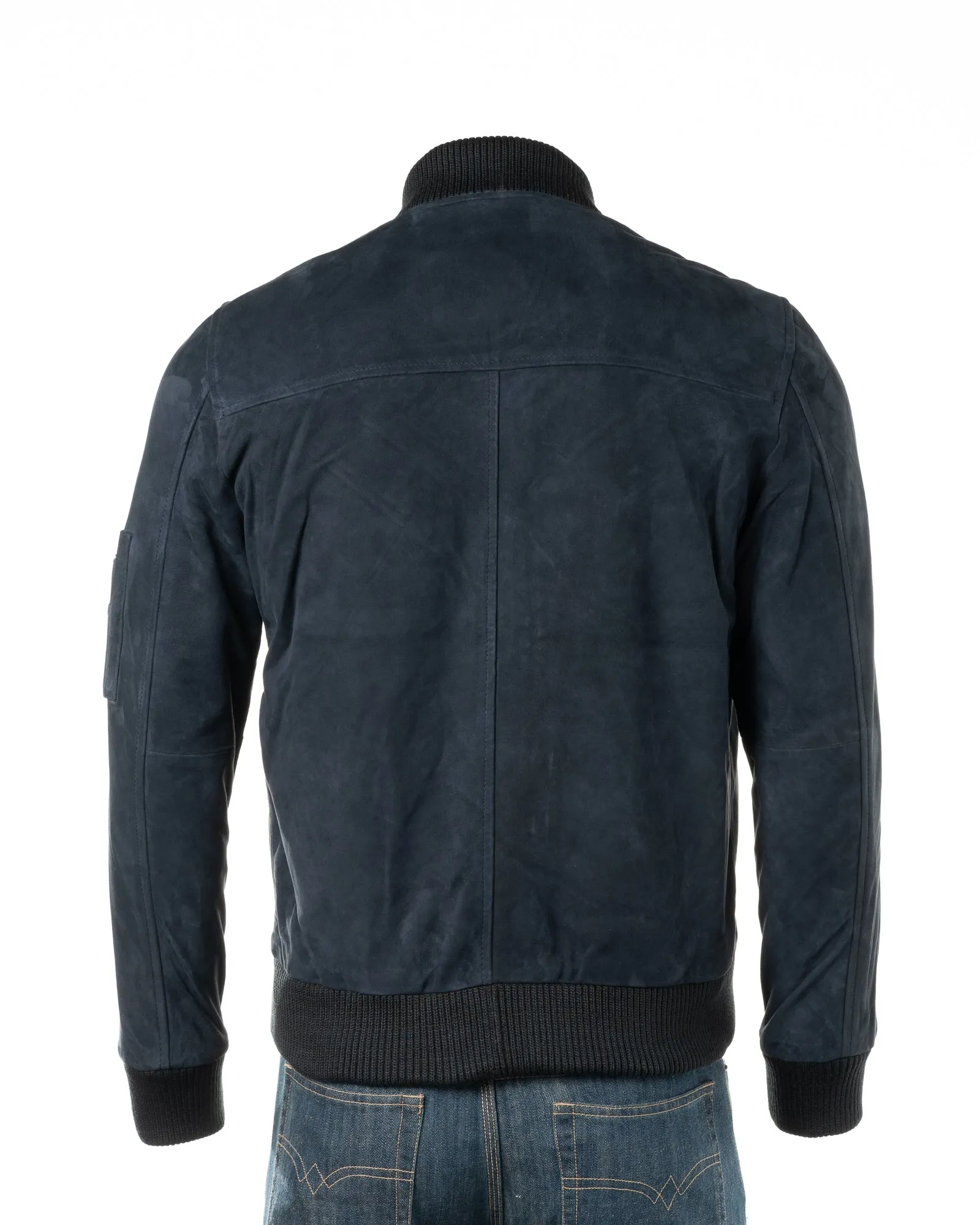 Men's Navy Rib-Knit Collar Suede Bomber: Tito