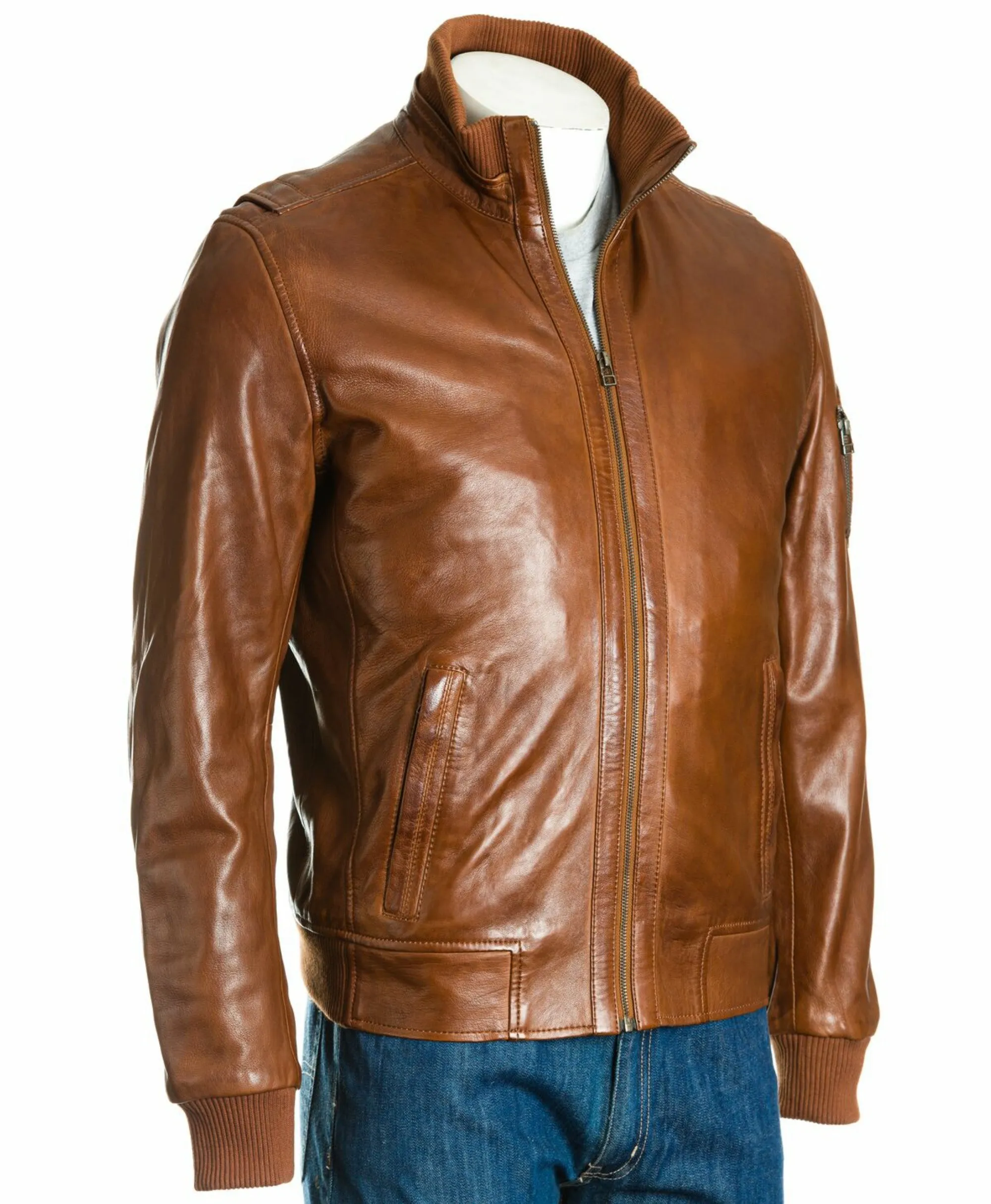 Men's Navy Stand-Up Rib-Knit Collared Leather Bomber: Otello