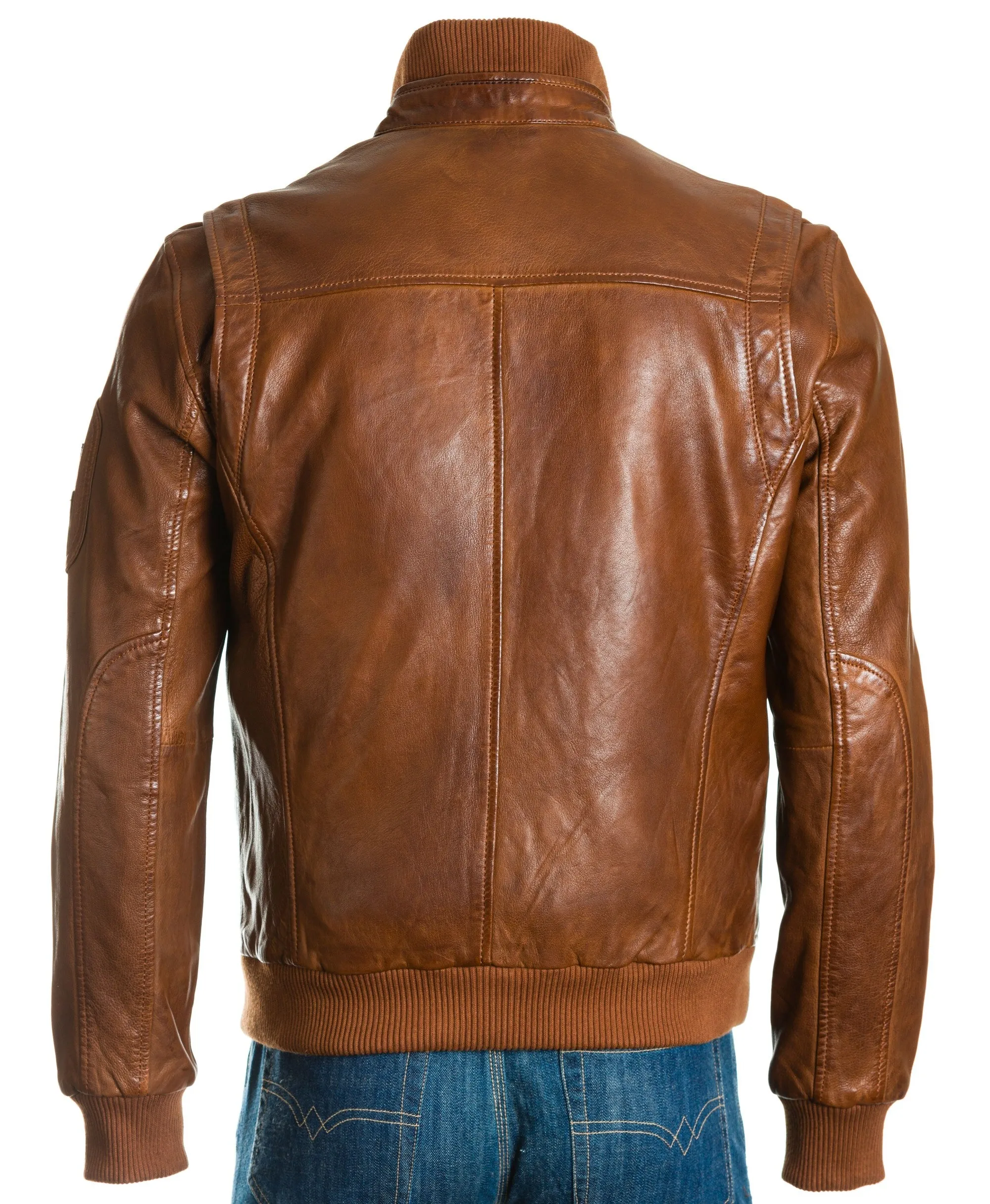 Men's Navy Stand-Up Rib-Knit Collared Leather Bomber: Otello