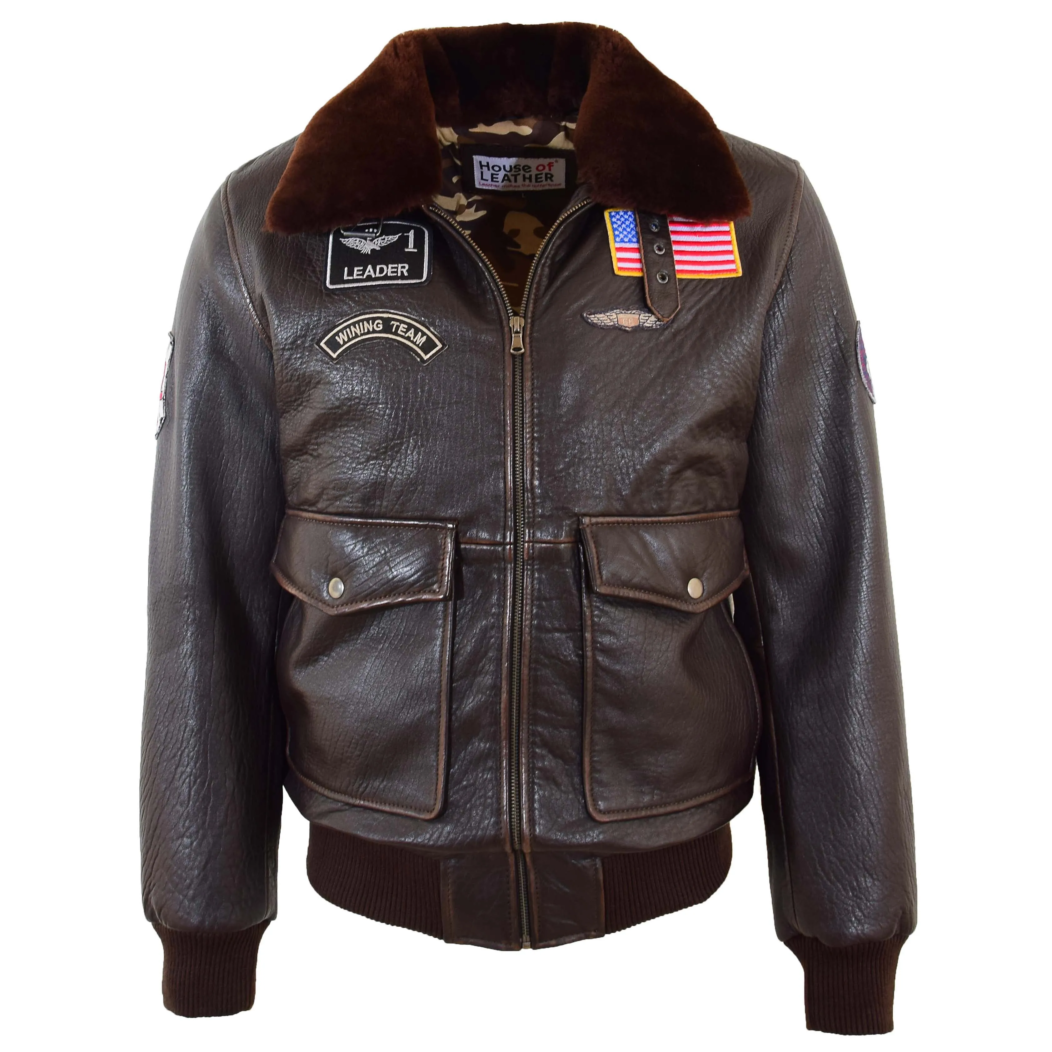 Mens Real Leather G-1 Bomber Jacket Airforce Badges FINCH Brown