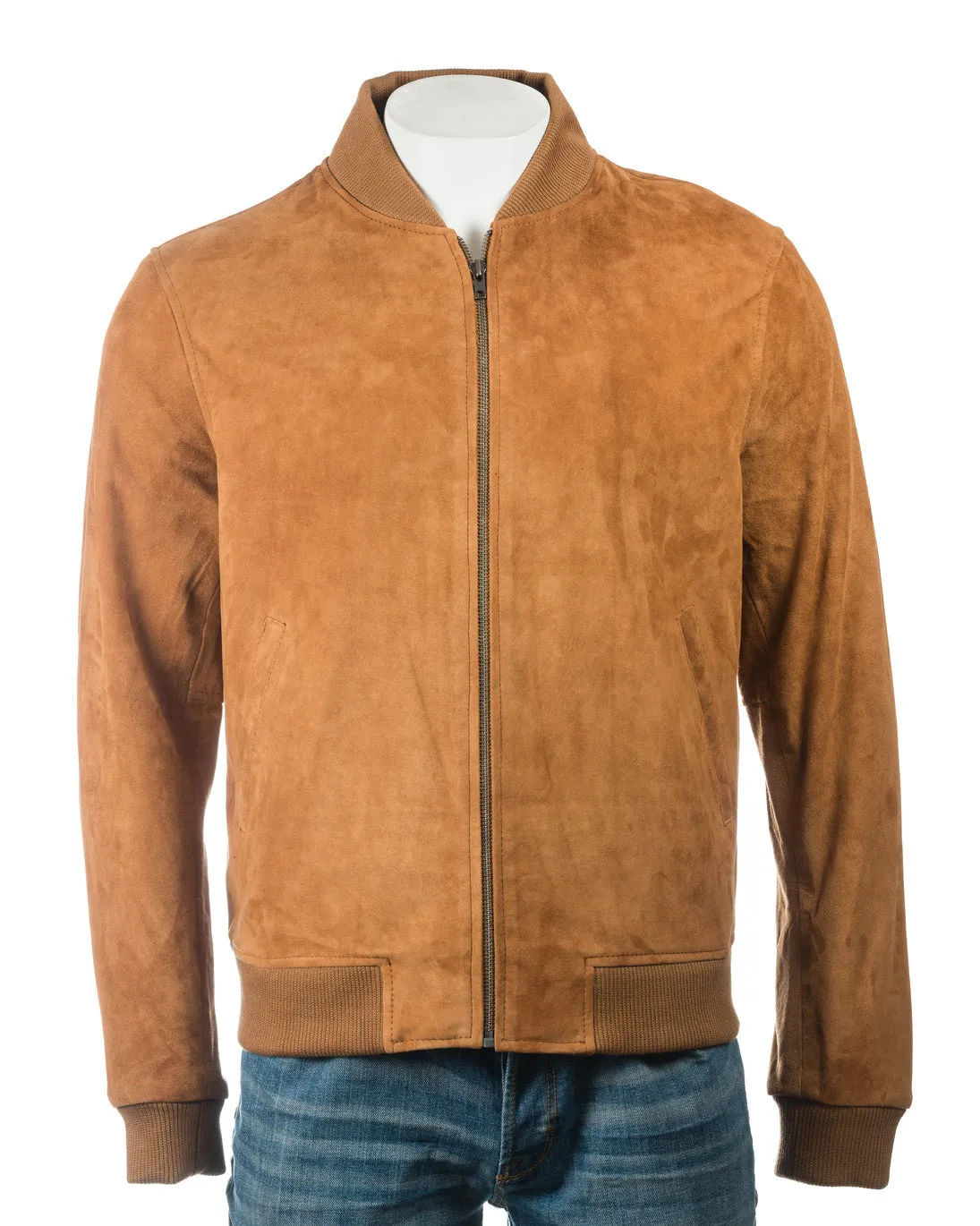 Men's Tan Rib-Knit Collar Suede Bomber: Benedict