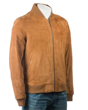 Men's Tan Rib-Knit Collar Suede Bomber: Benedict