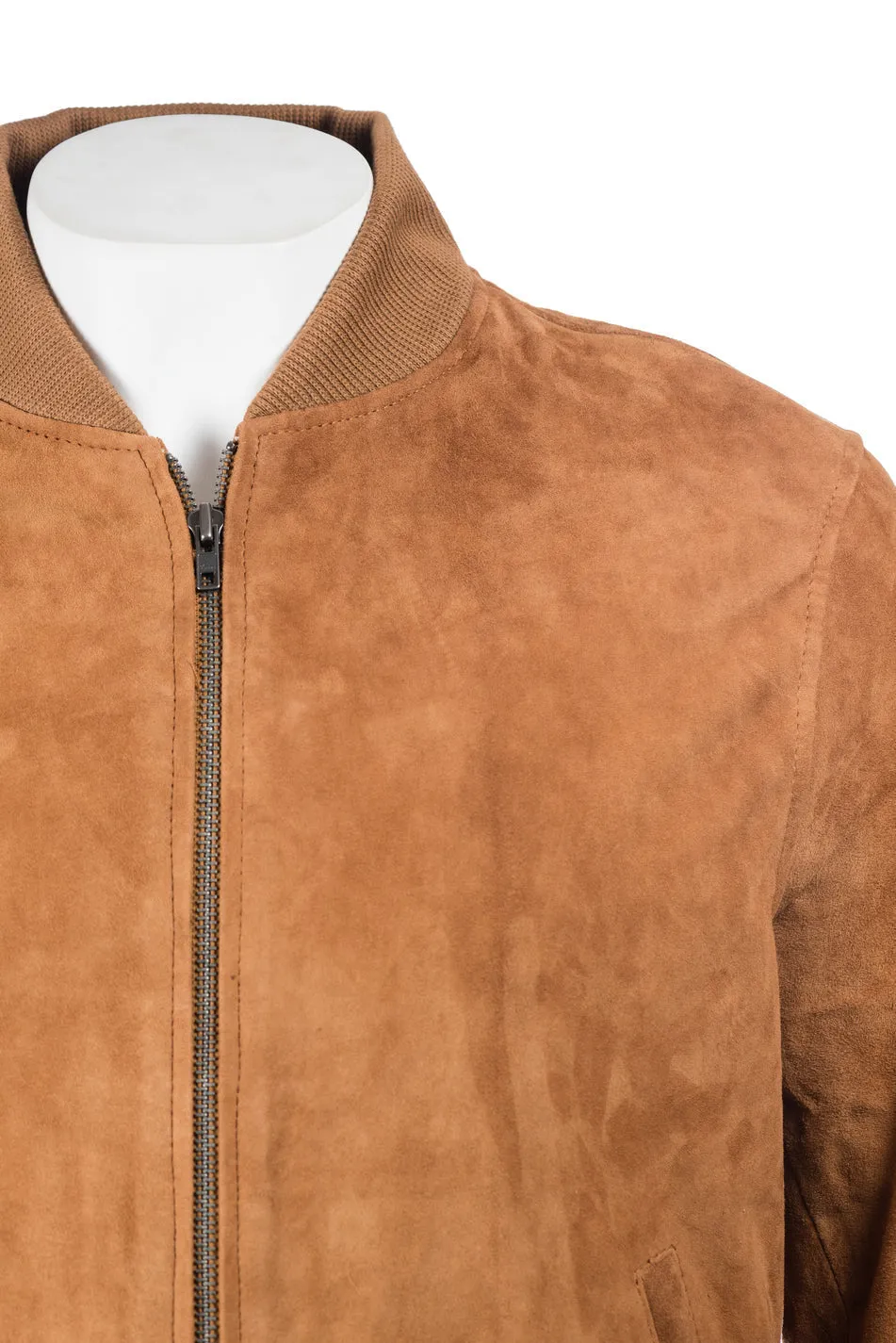 Men's Tan Rib-Knit Collar Suede Bomber: Benedict