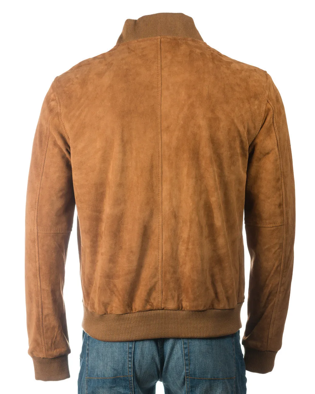 Men's Tan Rib-Knit Collar Suede Bomber: Benedict