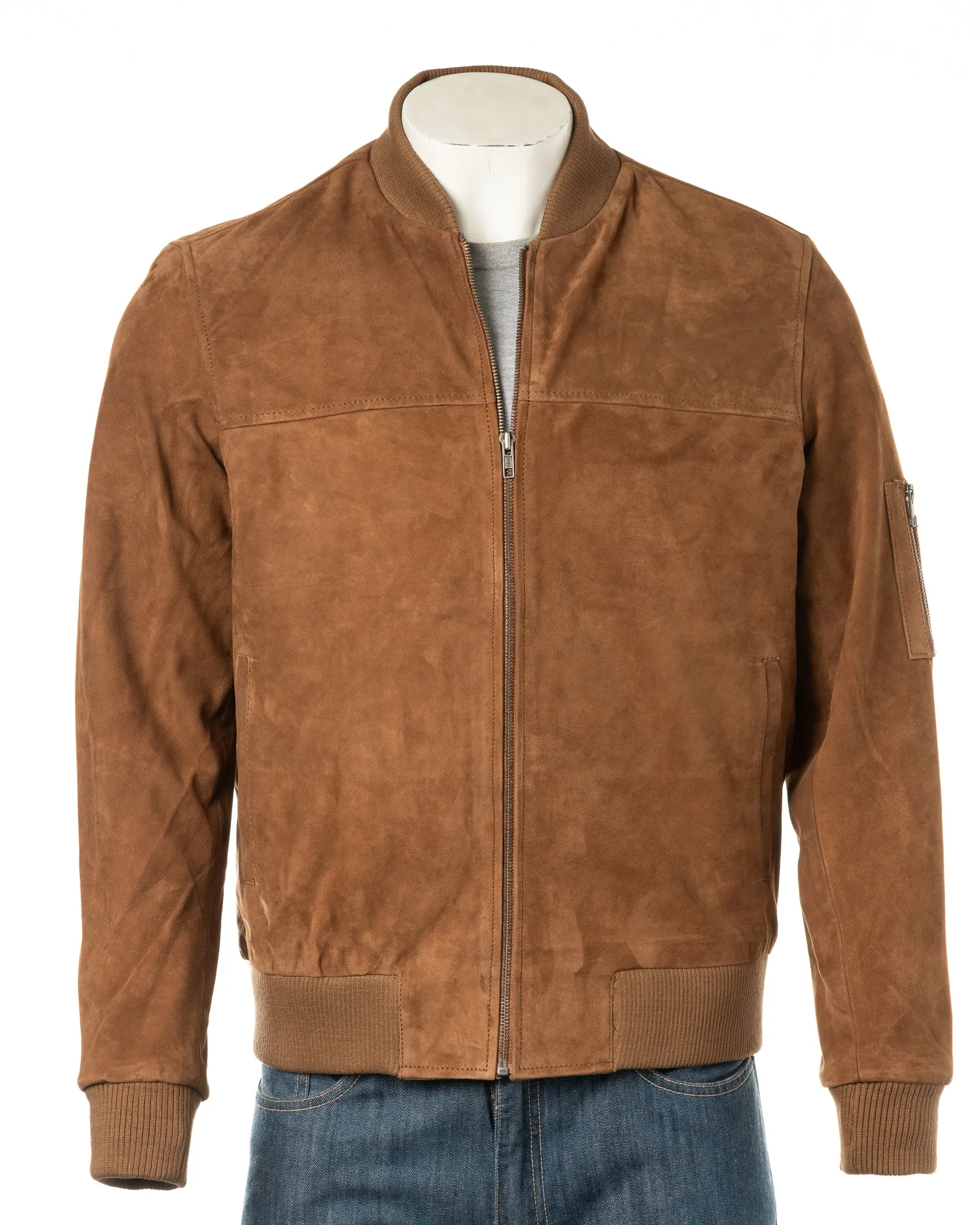 Men's Tobacco Rib-Knit Collar Suede Bomber: Tito