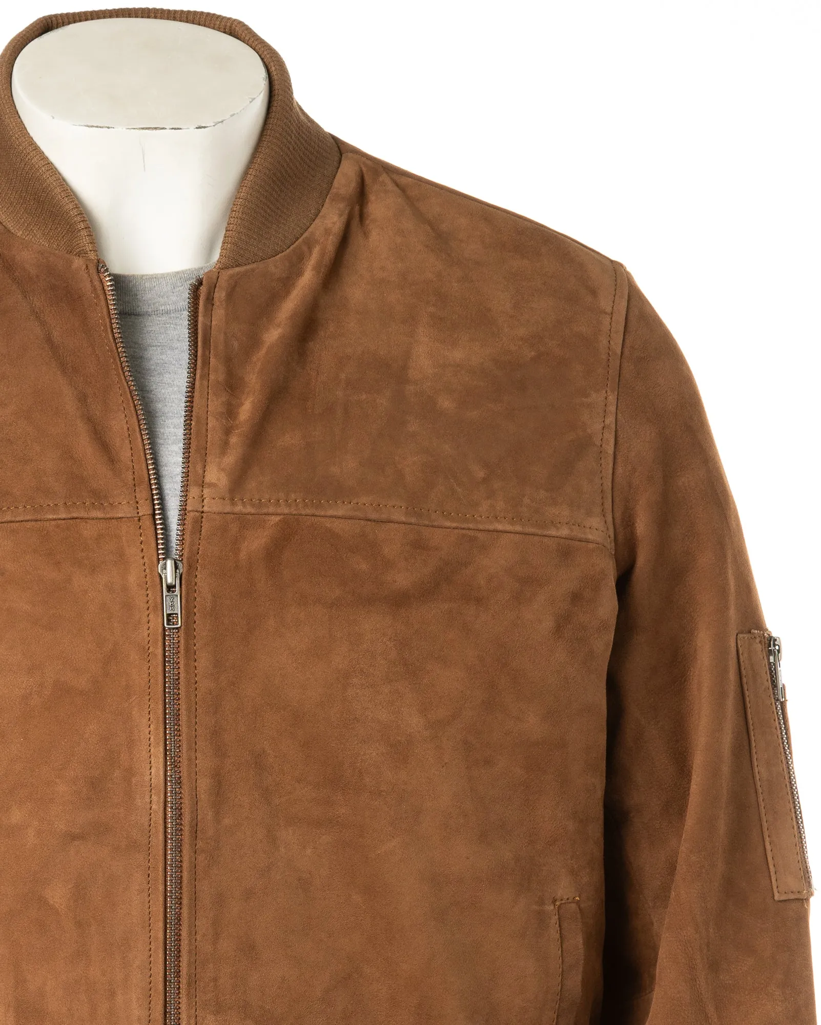 Men's Tobacco Rib-Knit Collar Suede Bomber: Tito