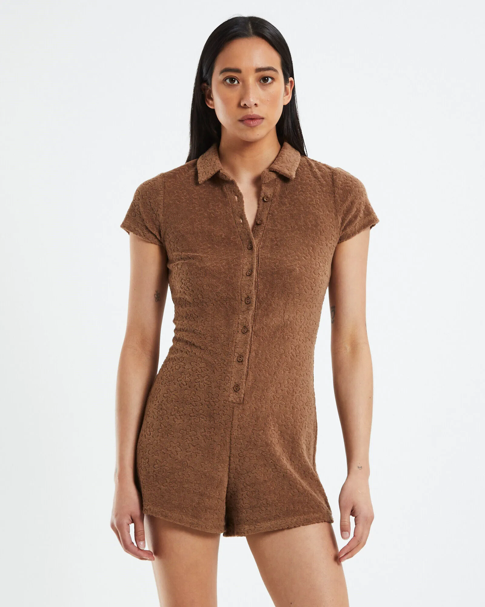 Neon Hart Tiana Fitted Textured Romper Chocolate Brown