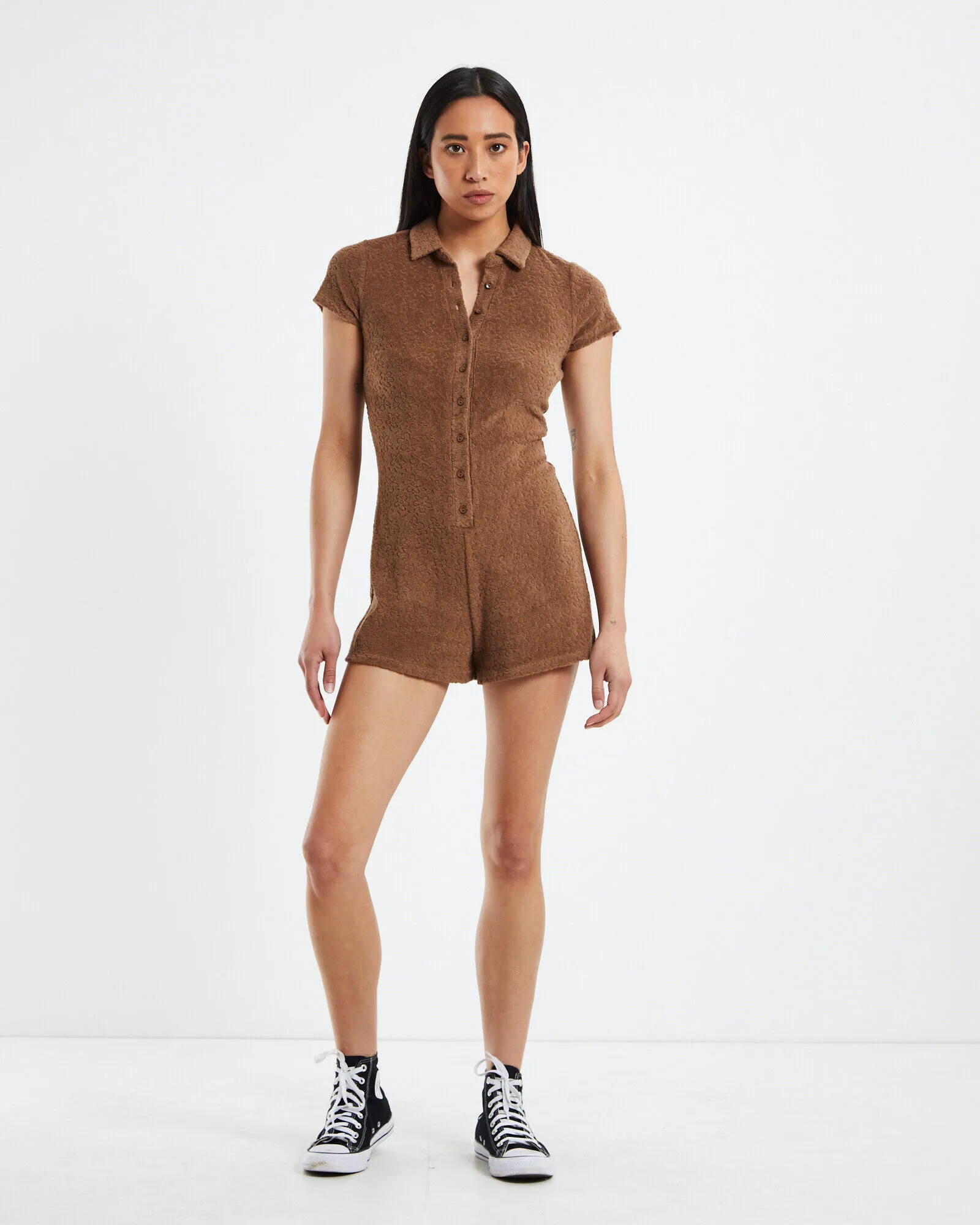 Neon Hart Tiana Fitted Textured Romper Chocolate Brown