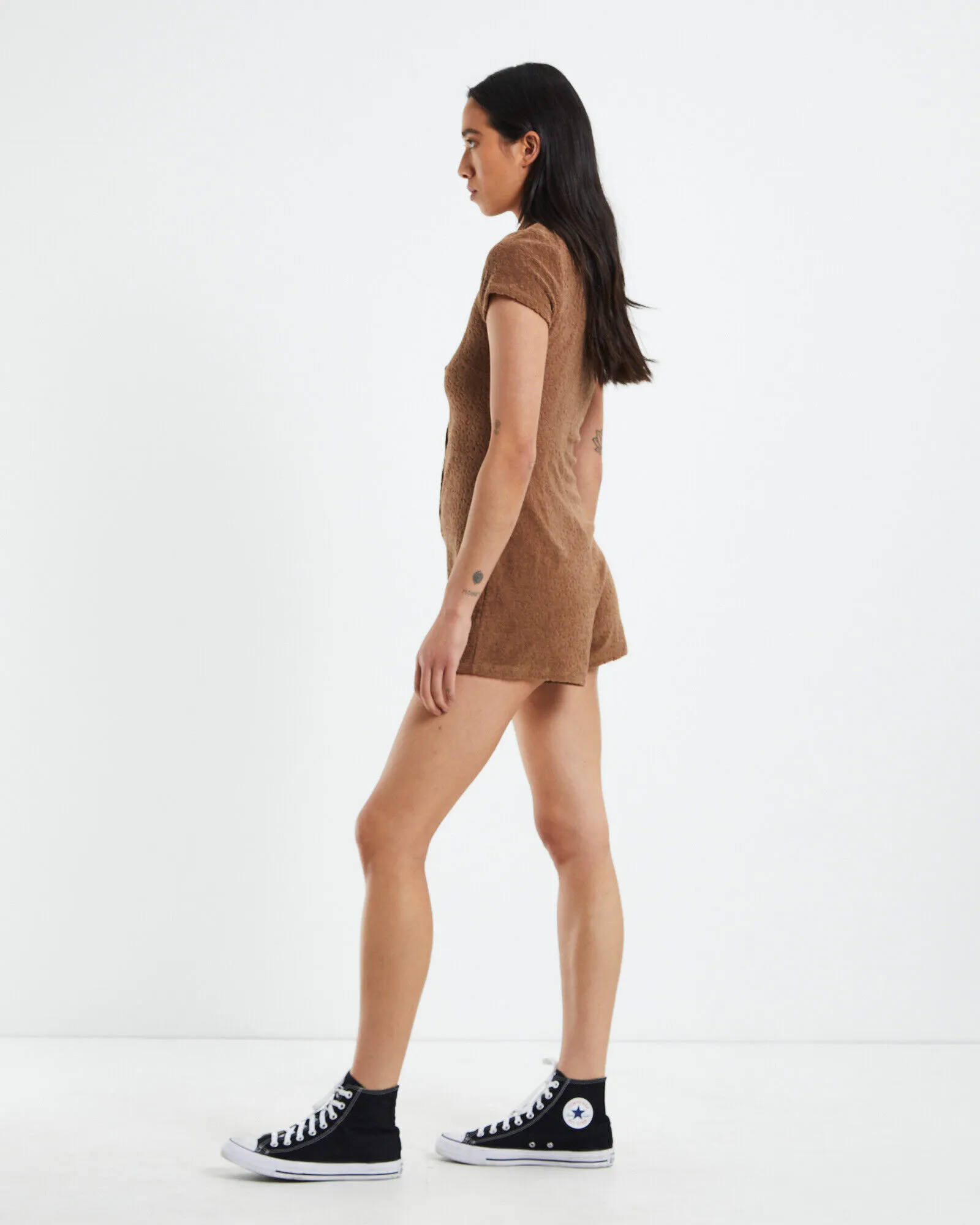 Neon Hart Tiana Fitted Textured Romper Chocolate Brown