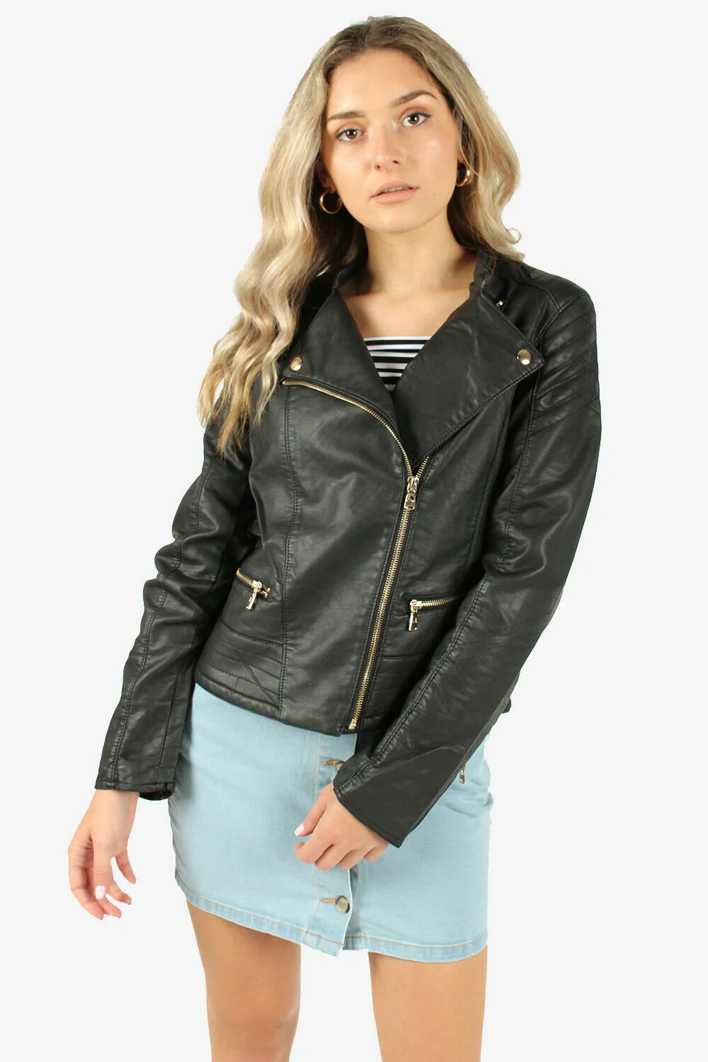 New Womens Faux Pu Leather Biker Jacket Ladies Size S, M, L, XL - Pepper Tree London