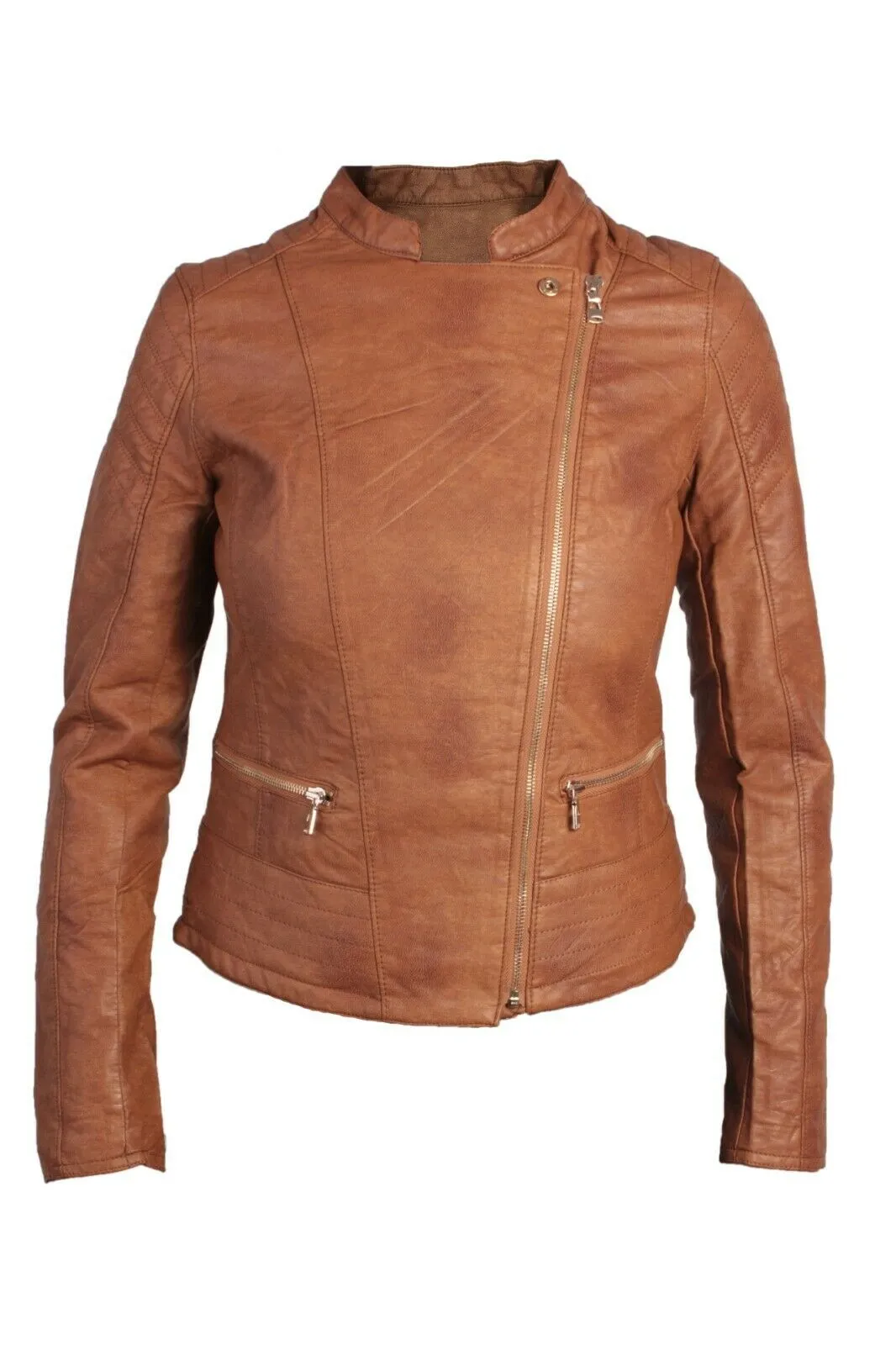 New Womens Faux Pu Leather Biker Jacket Ladies Size S, M, L, XL - Pepper Tree London