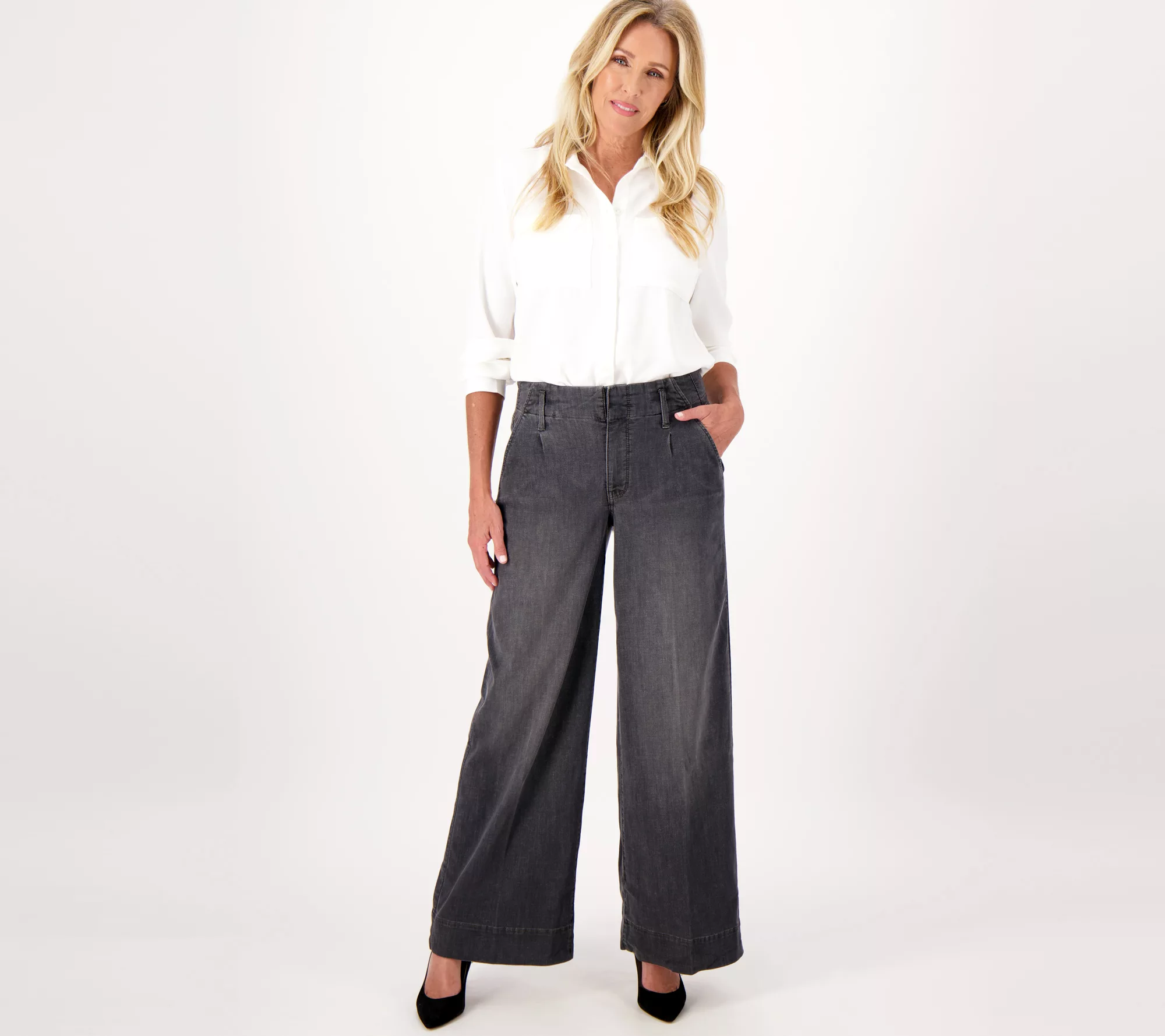 NYDJ Higher Rise Mona Wide-Leg Denim Trousers- Smokey Mountain