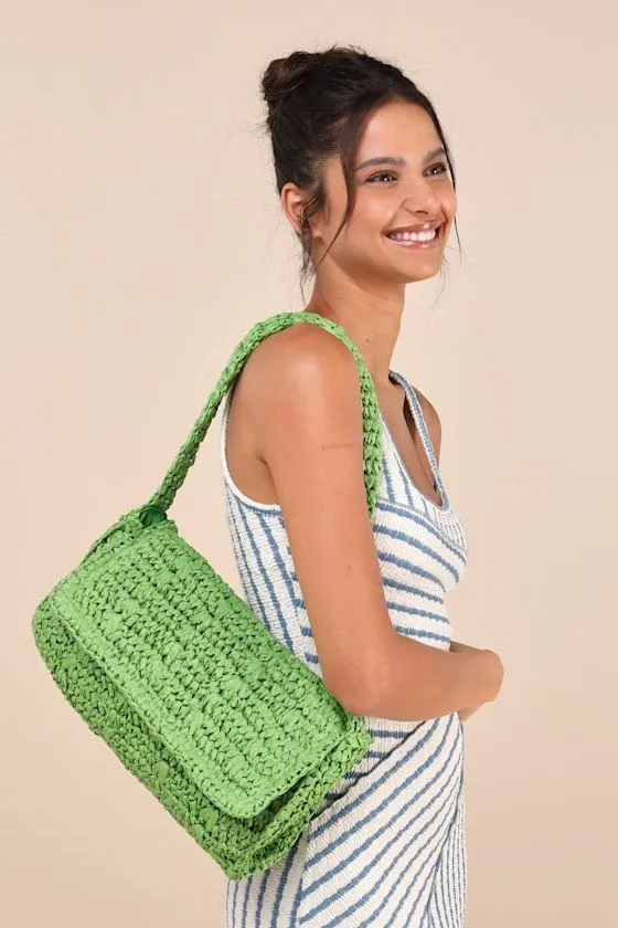 Outgoing Energy Green Woven Rectangular Straw Shoulder Bag