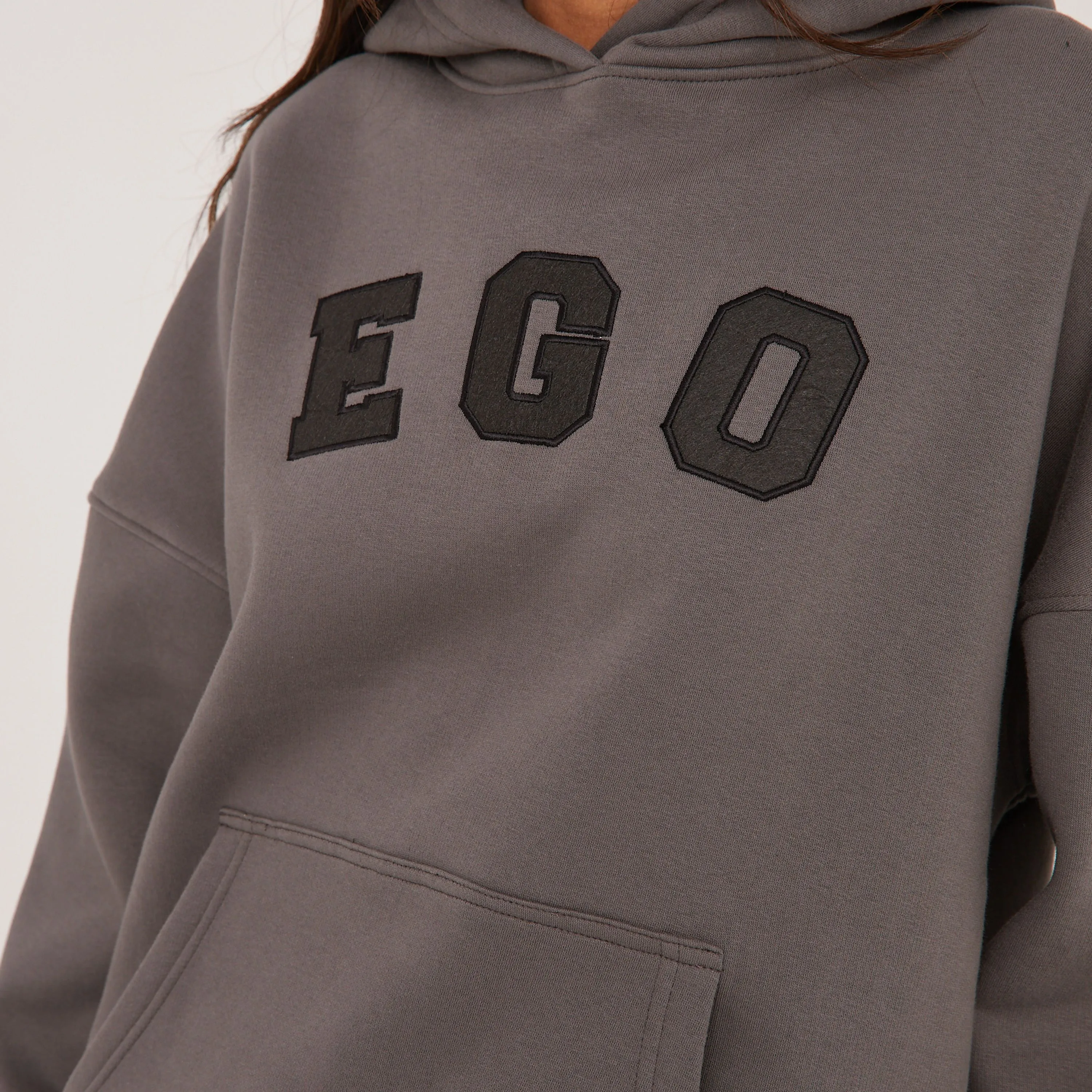 Oversized Ego Graphic Slogan Print Hoodie In Charcoal Grey