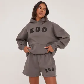 Oversized Ego Graphic Slogan Print Hoodie In Charcoal Grey