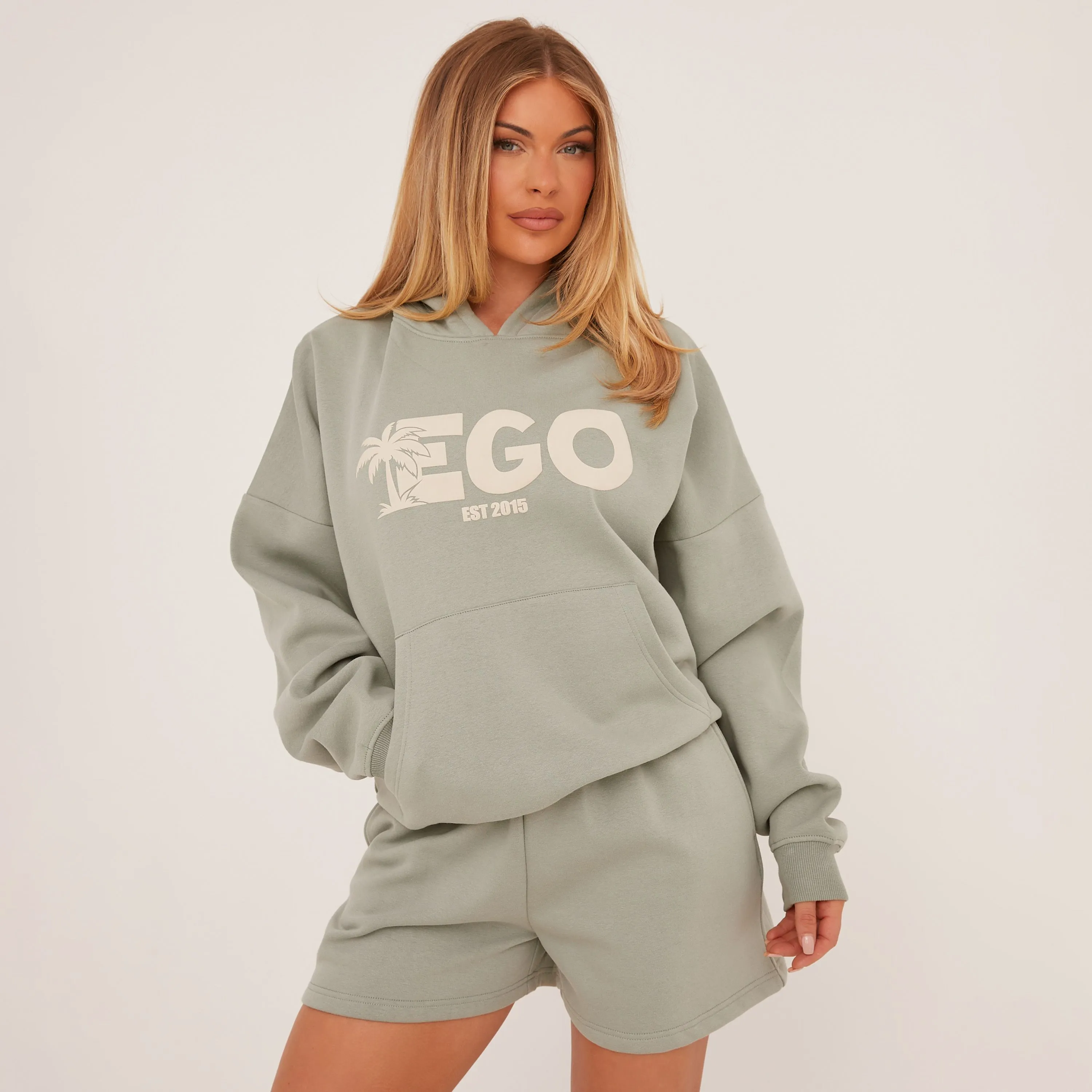 Oversized Ego Palm Tree Graphic Hoodie In Sage Green