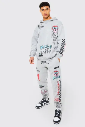 Oversized Graffiti Print Hooded Tracksuit