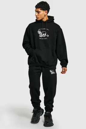 Oversized Skull Embroidered Hooded Tracksuit