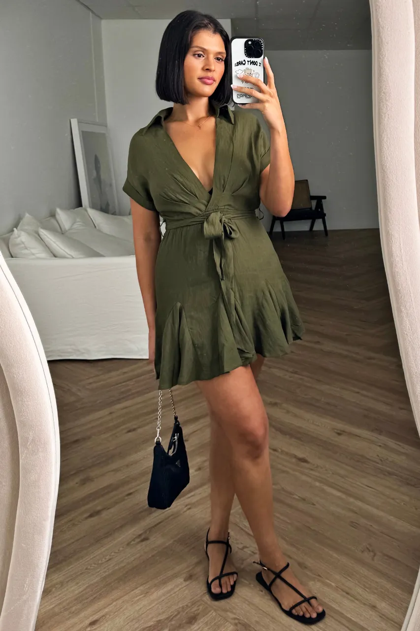 Pamela Dress - Short Sleeve Mini Collared Dress - Khaki