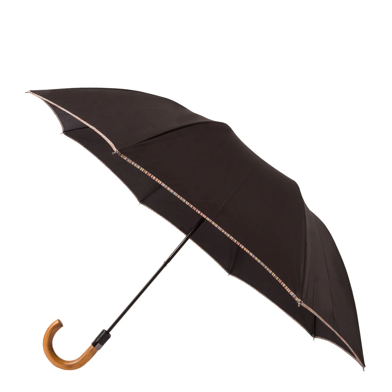 Paul Smith Signature Stripe Compact Umbrella with Crook Wooden Handle Black