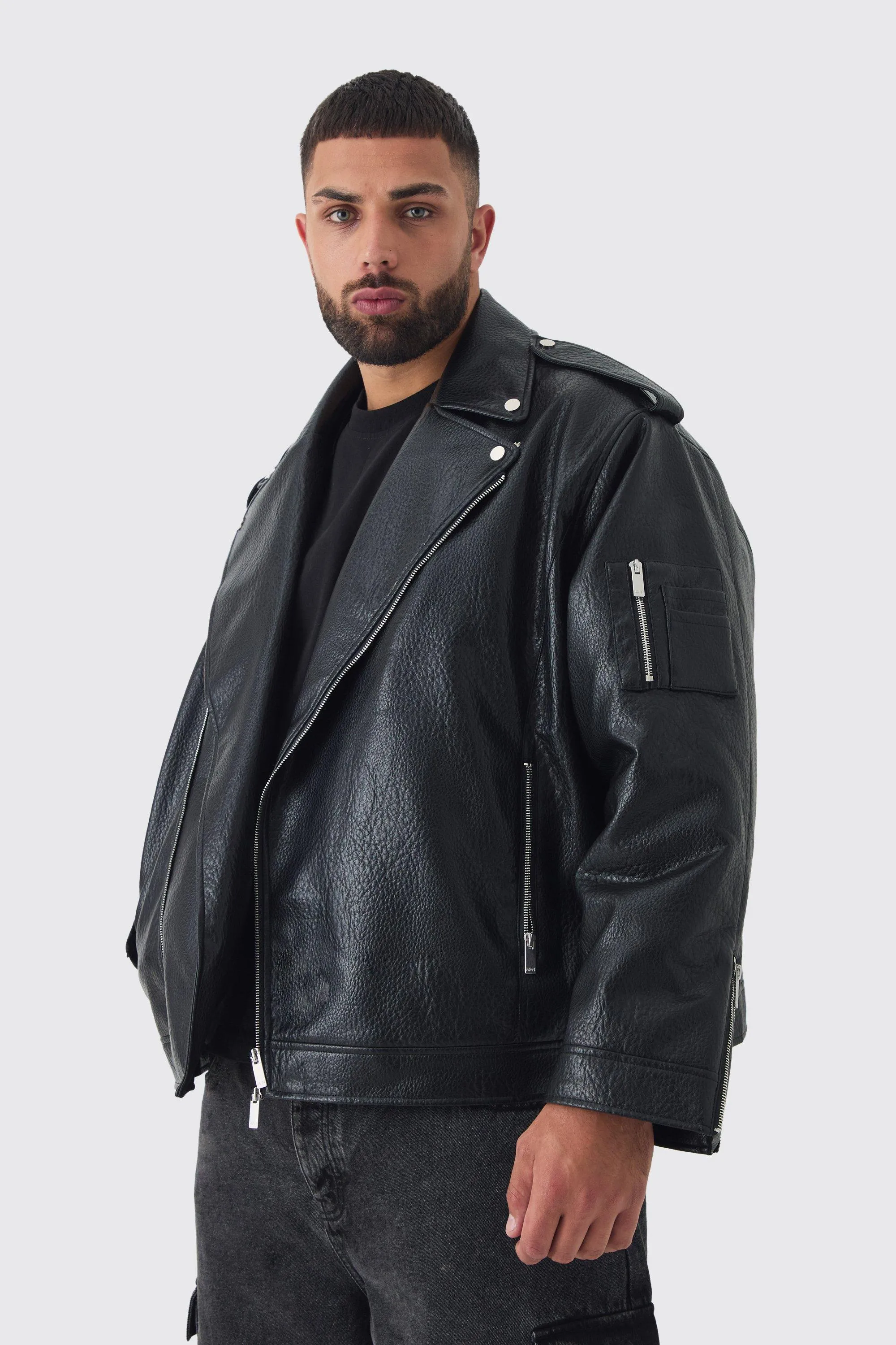 Plus Extreme Oversized Textured PU Biker Jacket In Black | boohooMAN UK