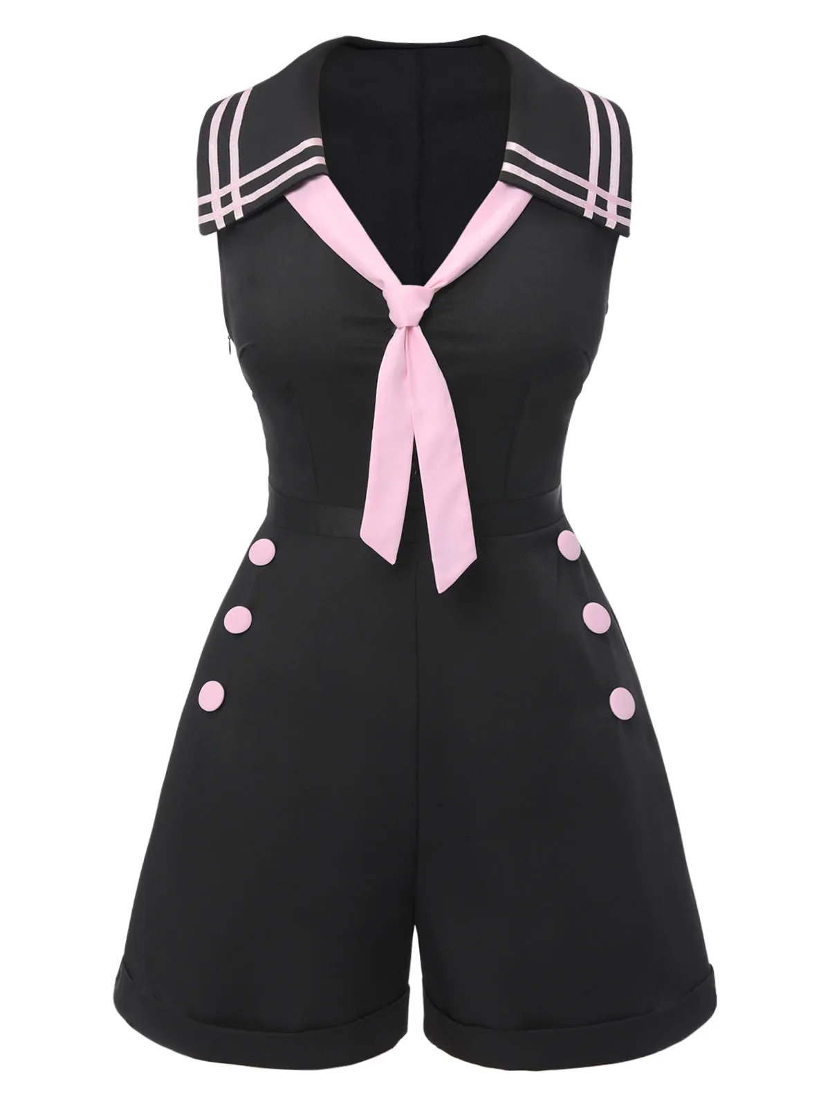 [Pre-Sale] Black & Pink 1950s Solid Tie Lapel Romper