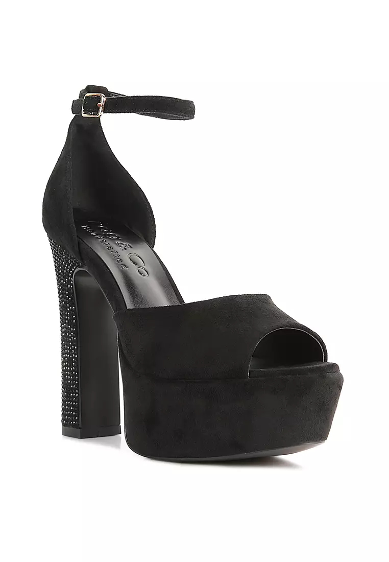 Rag & CO. Black High Block Heeled Diamante Stud Sandals