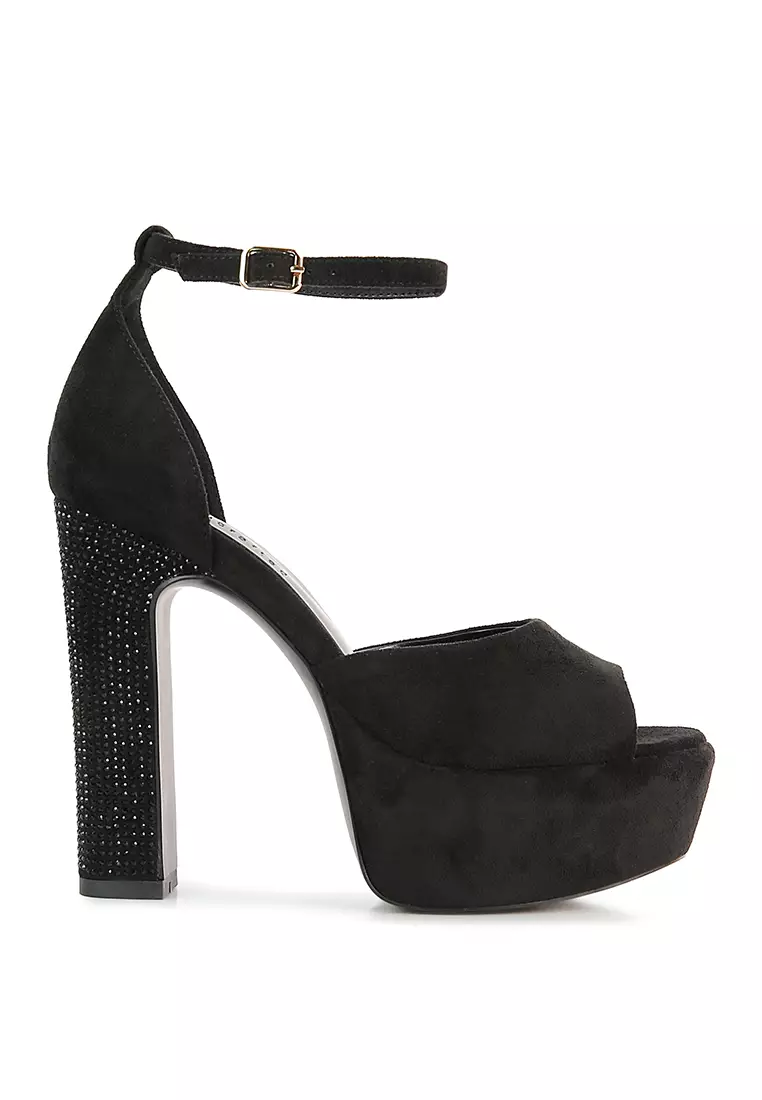 Rag & CO. Black High Block Heeled Diamante Stud Sandals