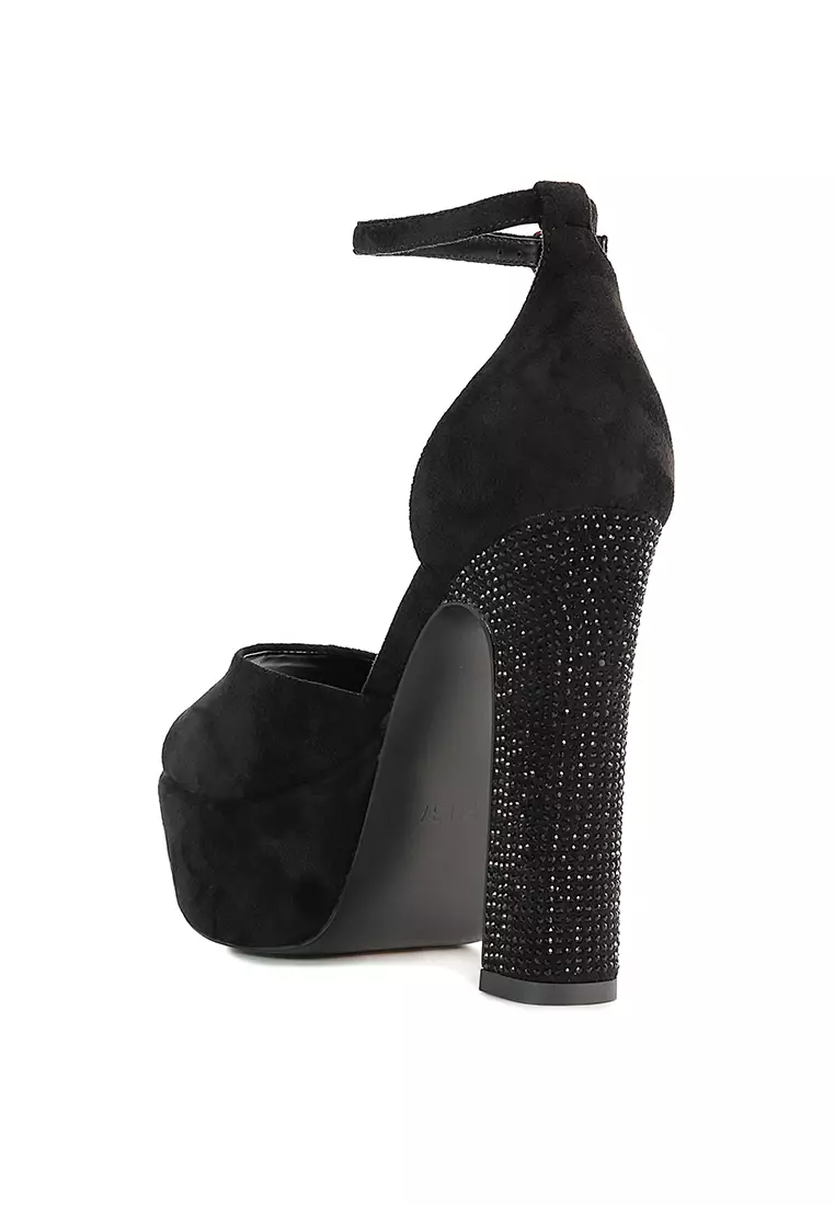 Rag & CO. Black High Block Heeled Diamante Stud Sandals