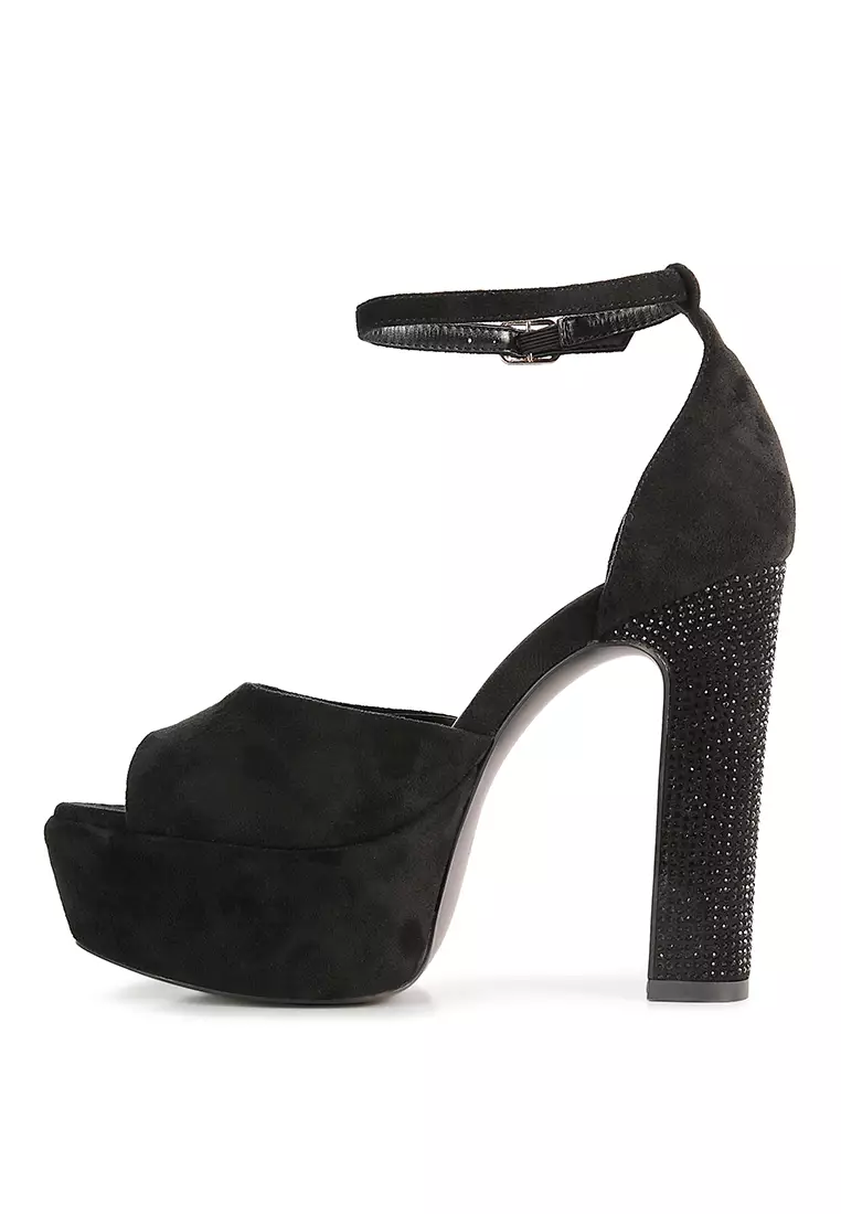 Rag & CO. Black High Block Heeled Diamante Stud Sandals