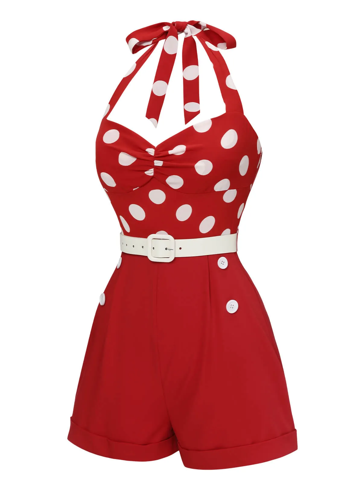 Red 1950s Polka Dots Patchwork Halter Romper