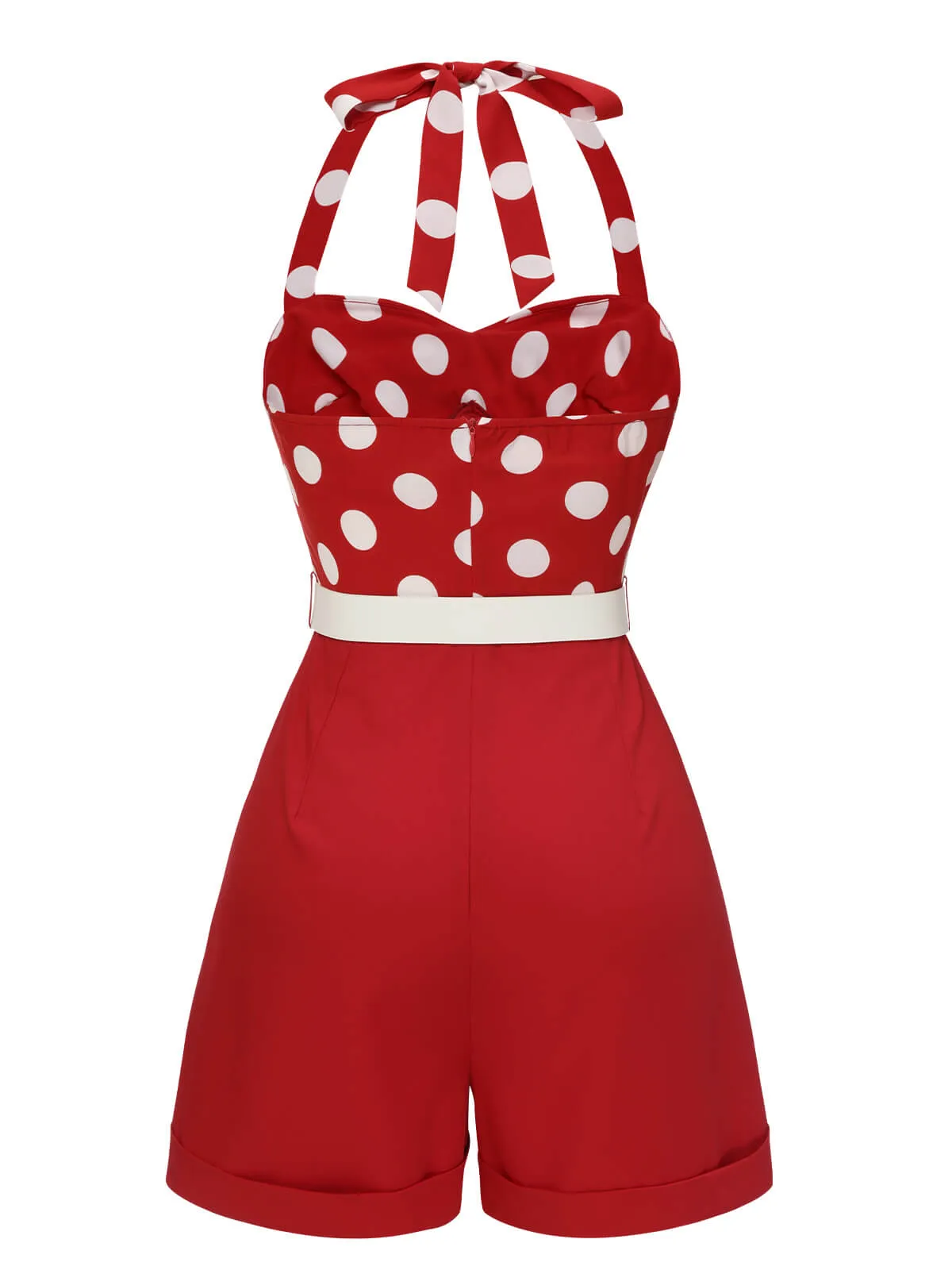 Red 1950s Polka Dots Patchwork Halter Romper